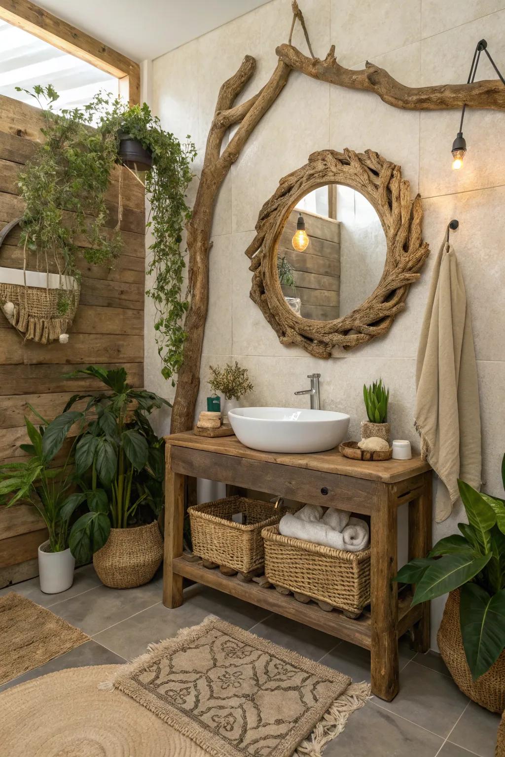 Organic shapes and rustic decor enhance the natural bathroom theme.