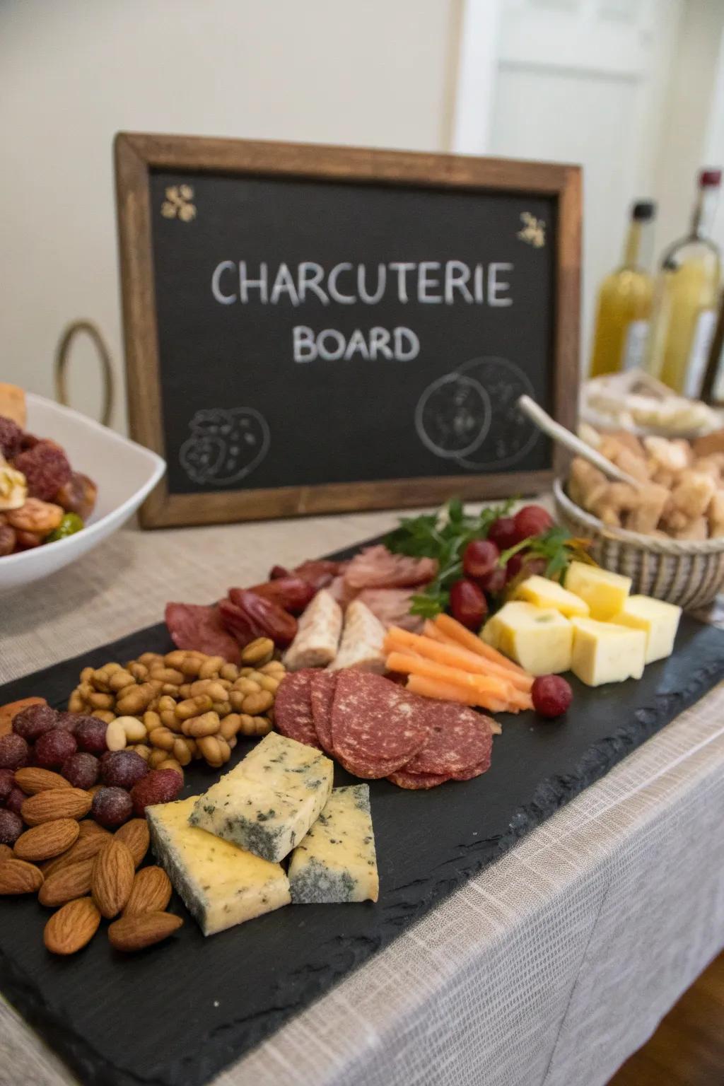 A stylish chalkboard-themed charcuterie for Easter celebrations.