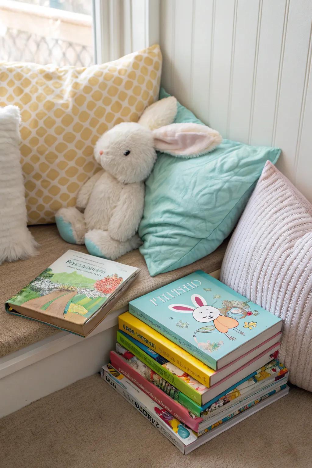 An inviting Easter reading nook tailored for toddlers.