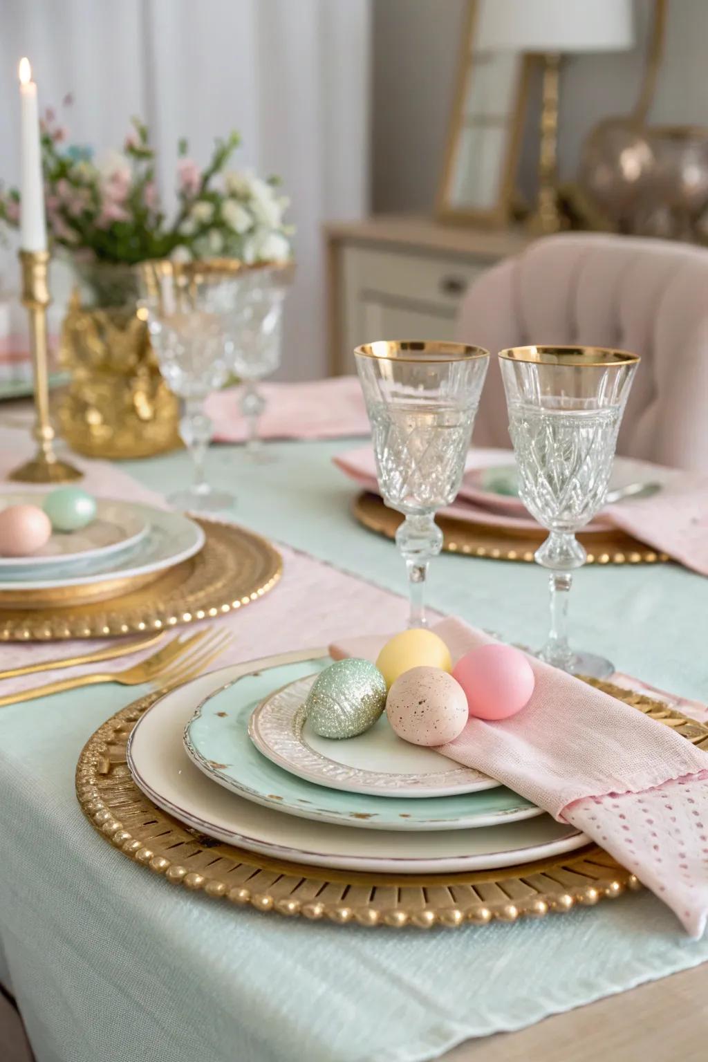Sophisticated tableware accented with metallic elements imparts refinement to the Easter table.