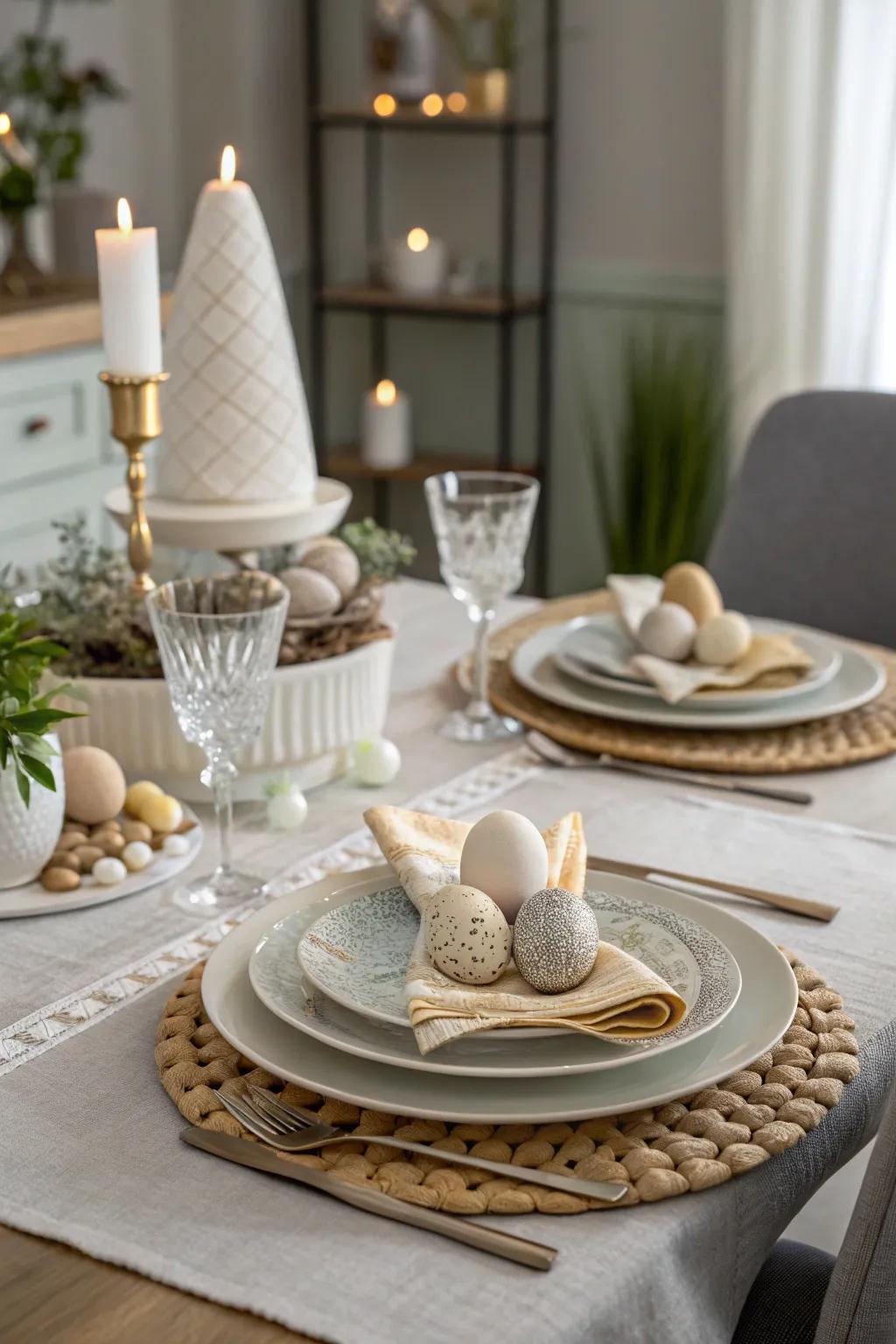 Layered plates and textured napkins add sophistication.