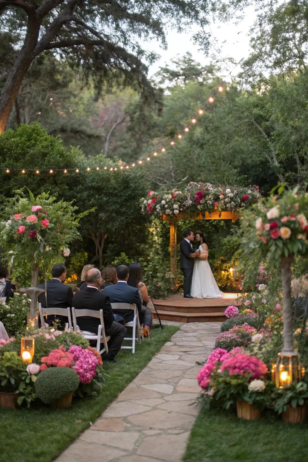 An outdoor garden wedding displaying natural greenery and floral decorations.