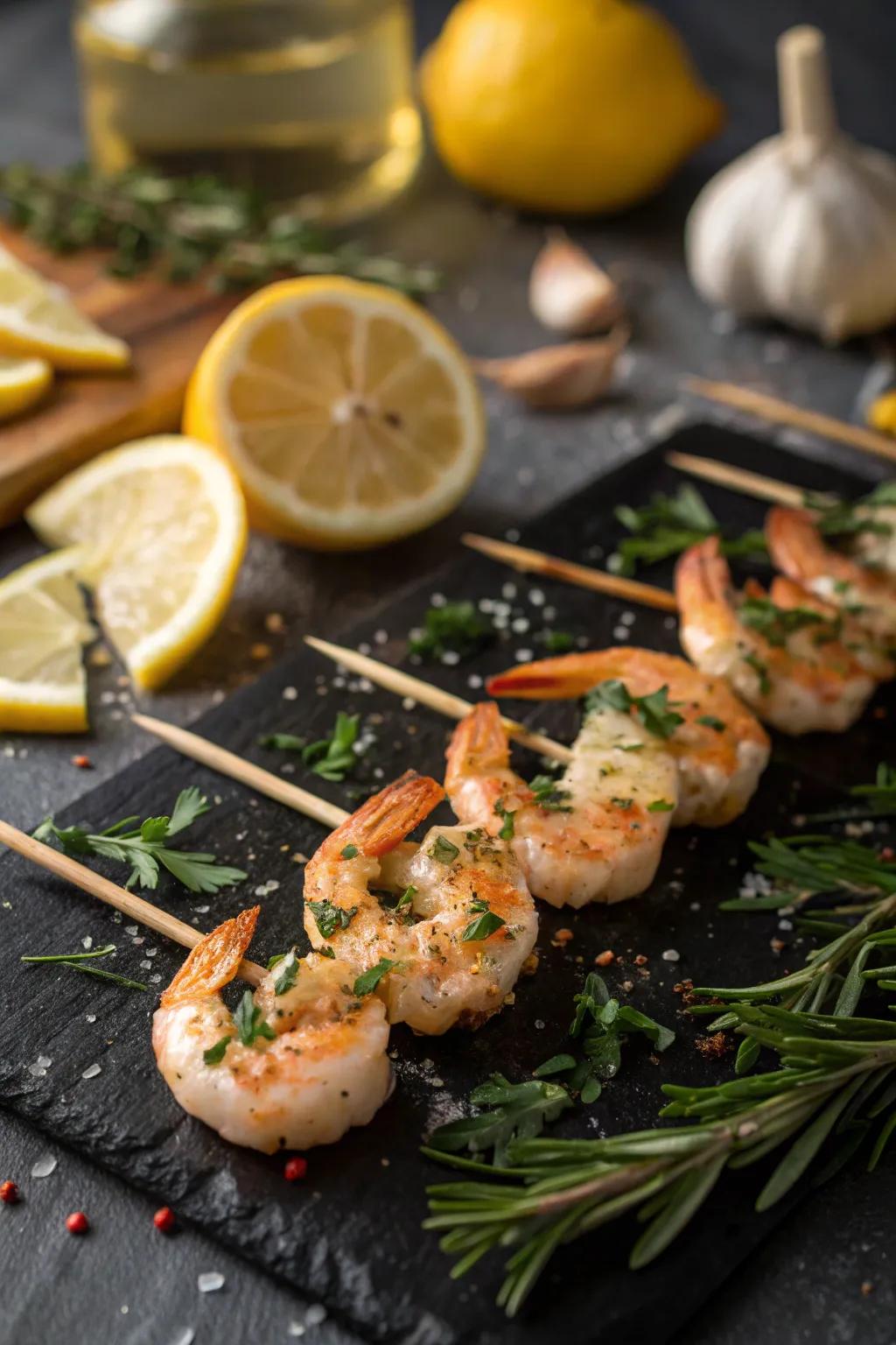 Succulent shrimp skewers with a hint of garlic and lemon.