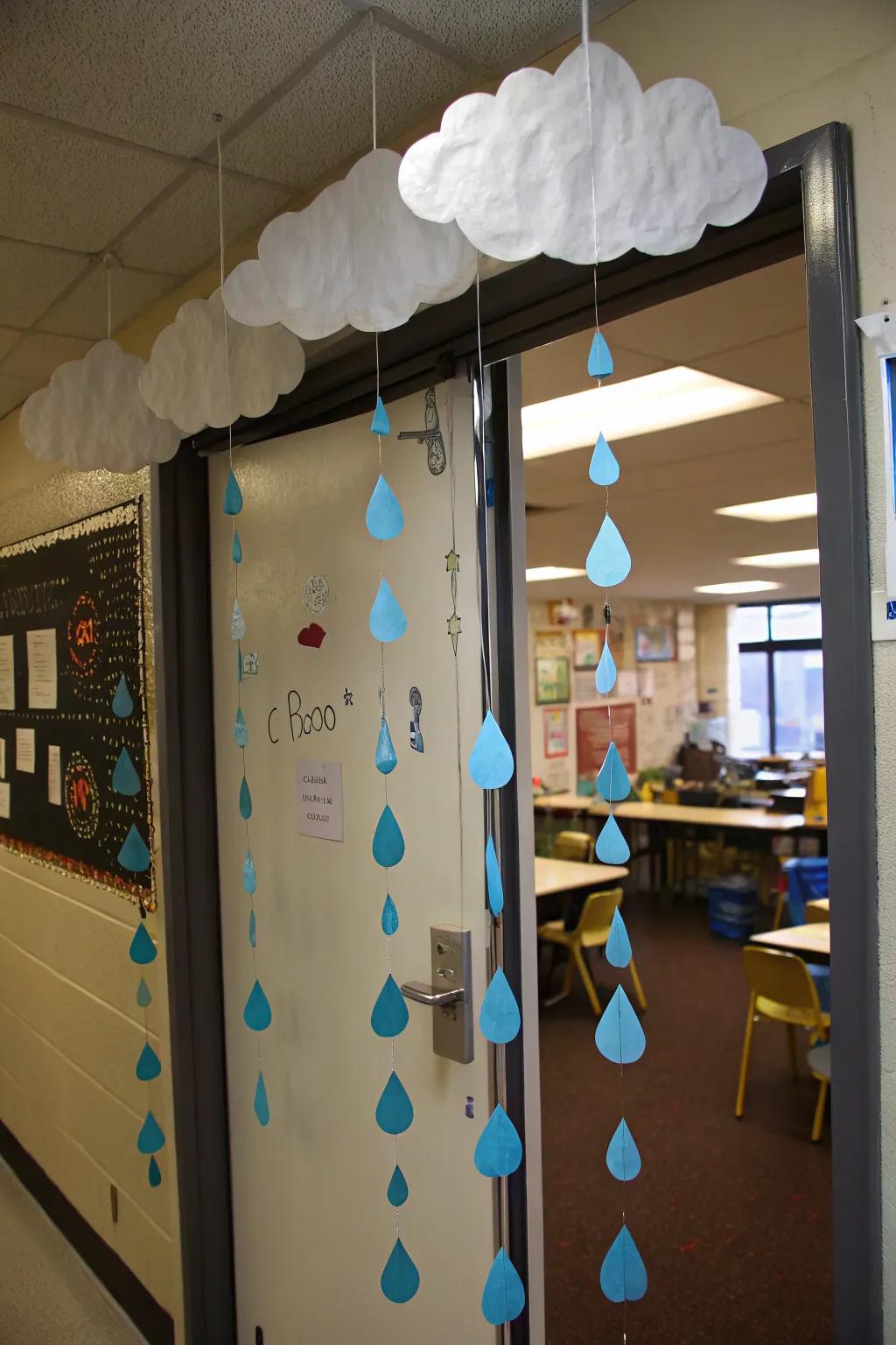 Spring showers animate on this classroom door, complete with fluffy fog and lively sprinkles.