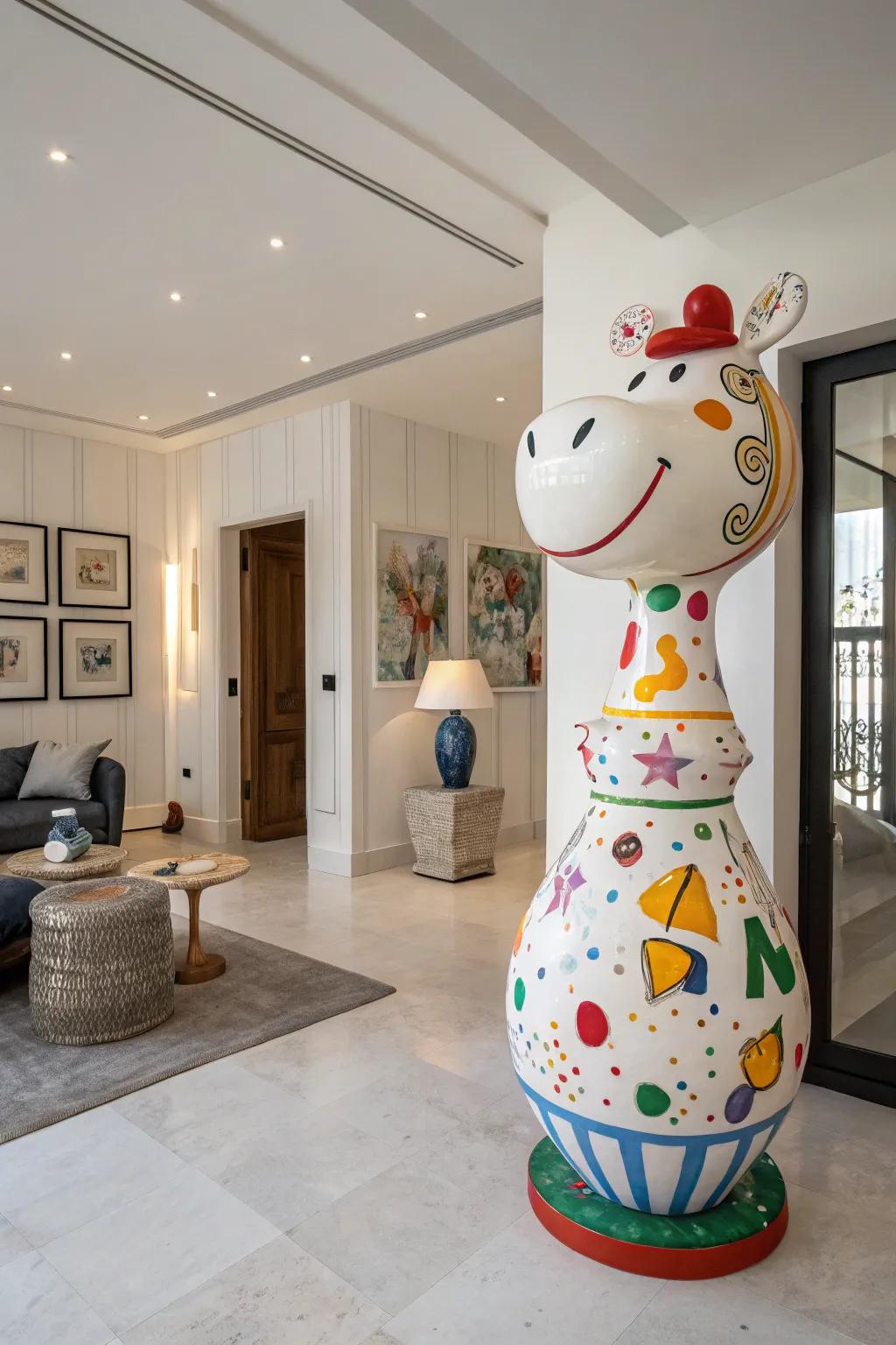 An oversized ceramic sculpture adding charm to the décor.