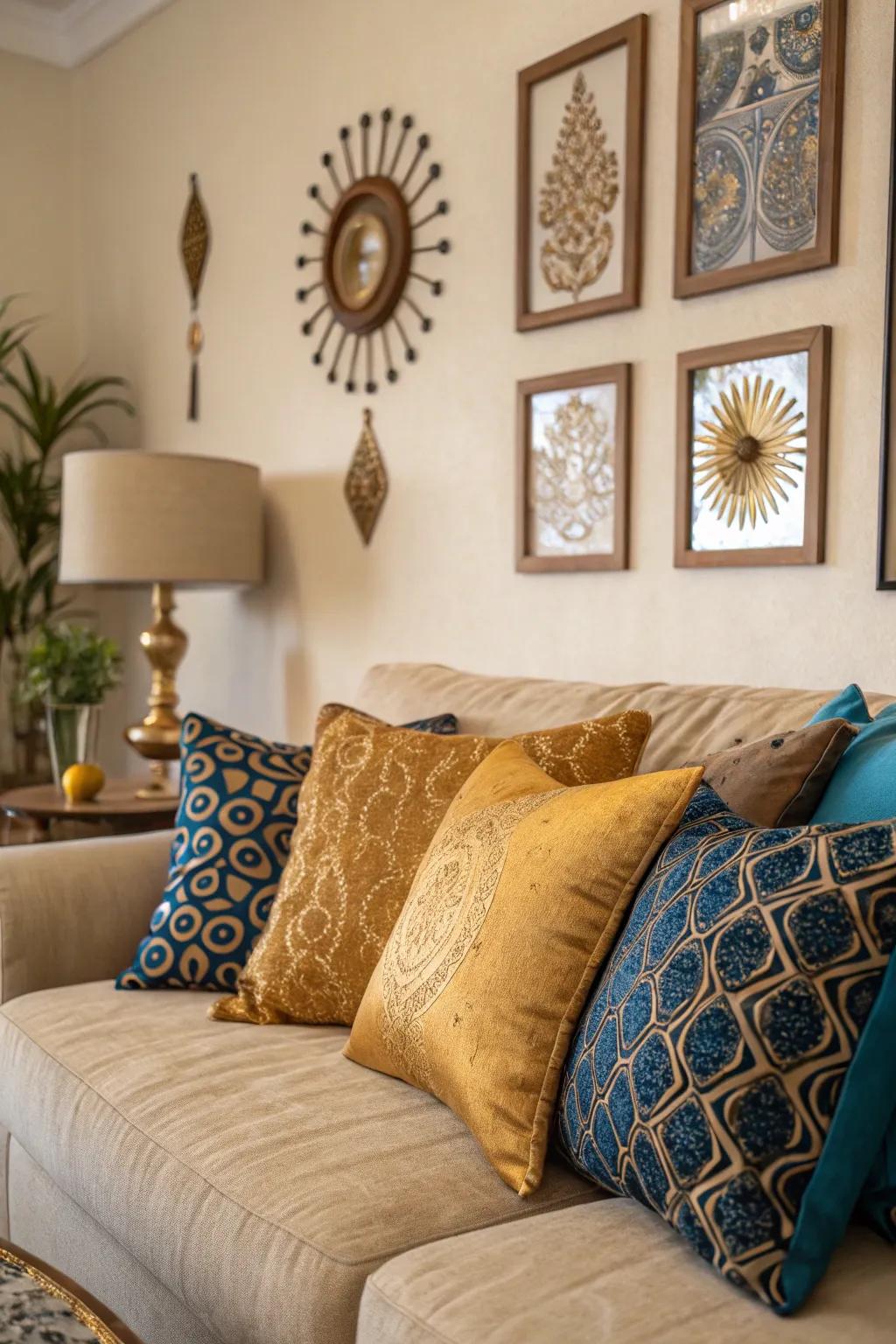 Add luxury with gold and blue accents.