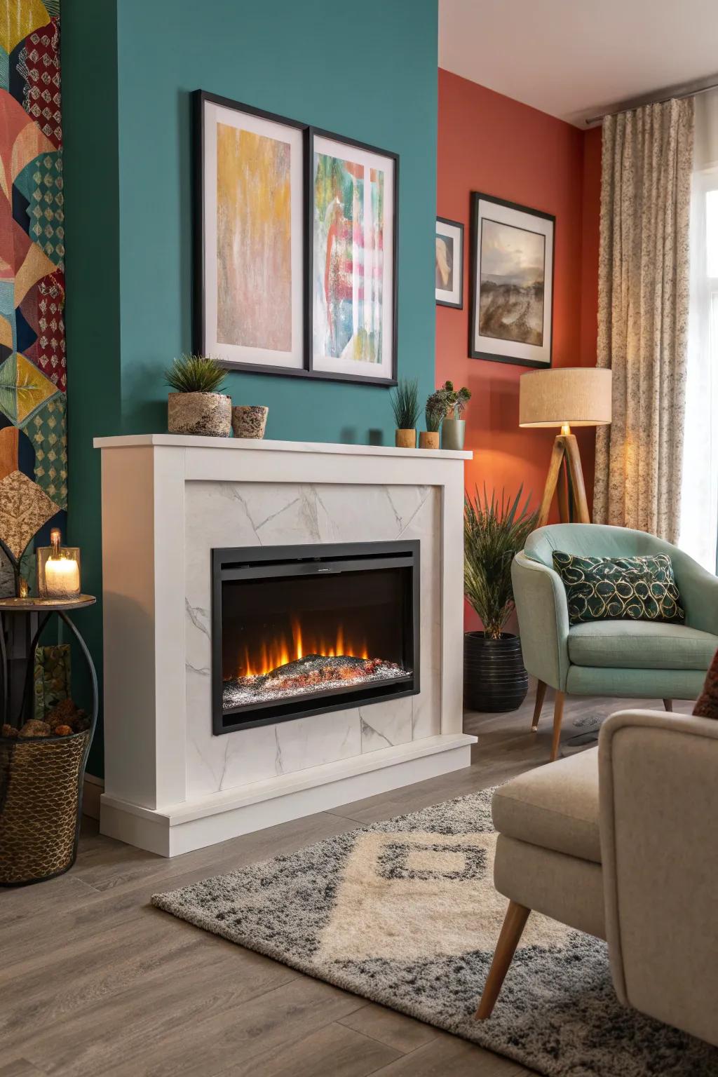 A vibrant highlighted wall focuses on the modern heater.