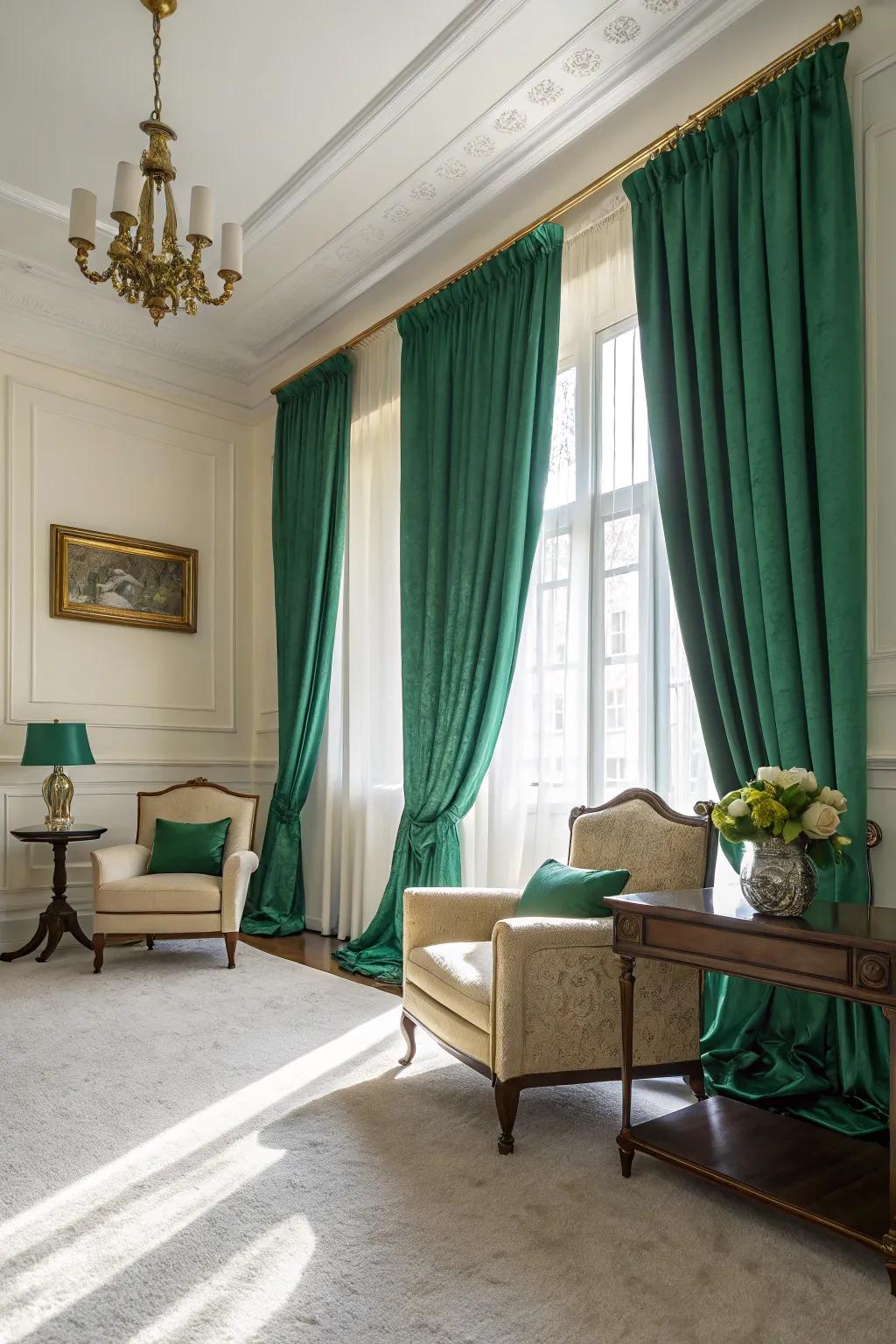 Verdant emerald curtains introduce an unexpected dash of color.