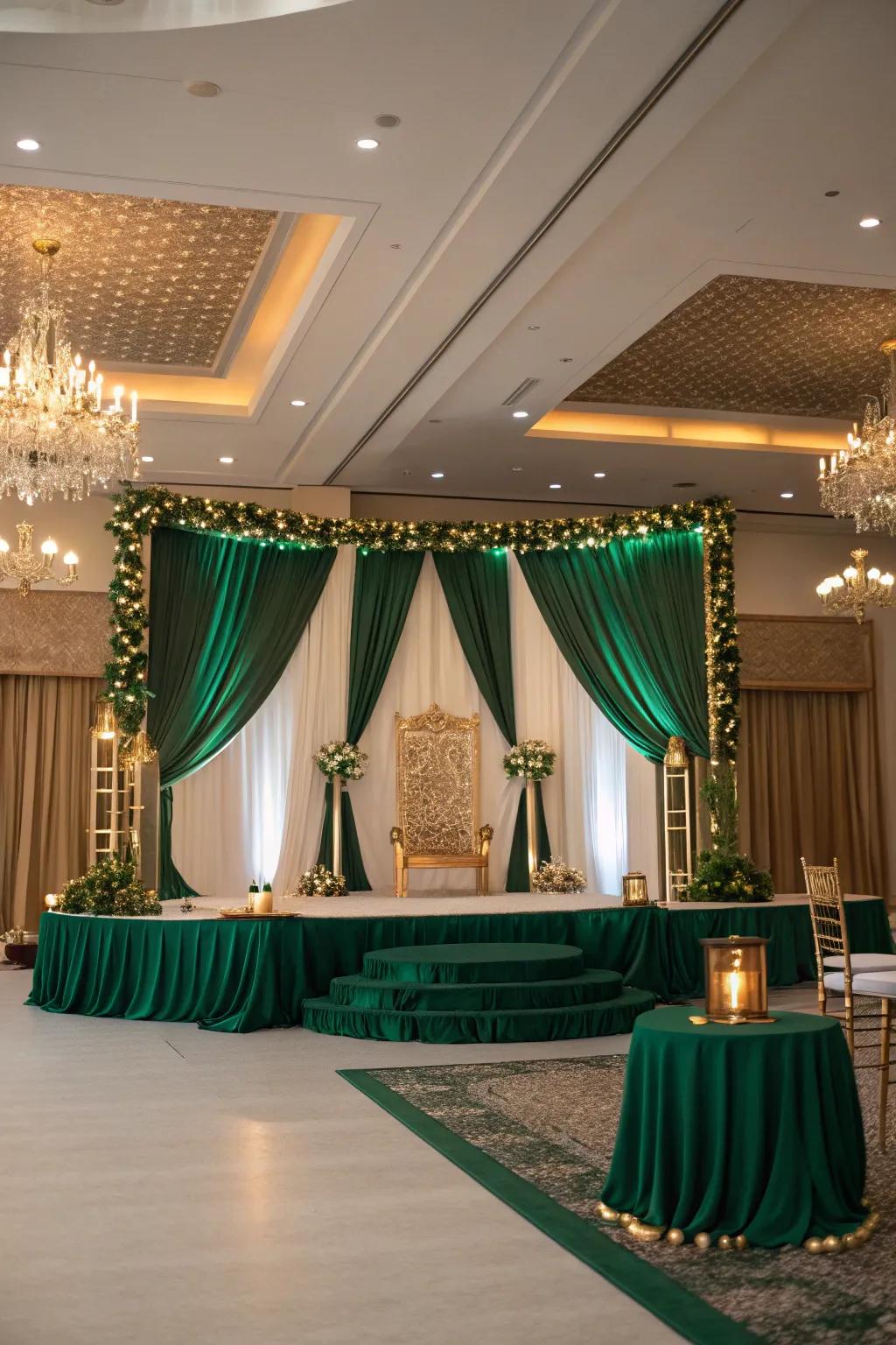 A celebration venue altered with a forest motif.