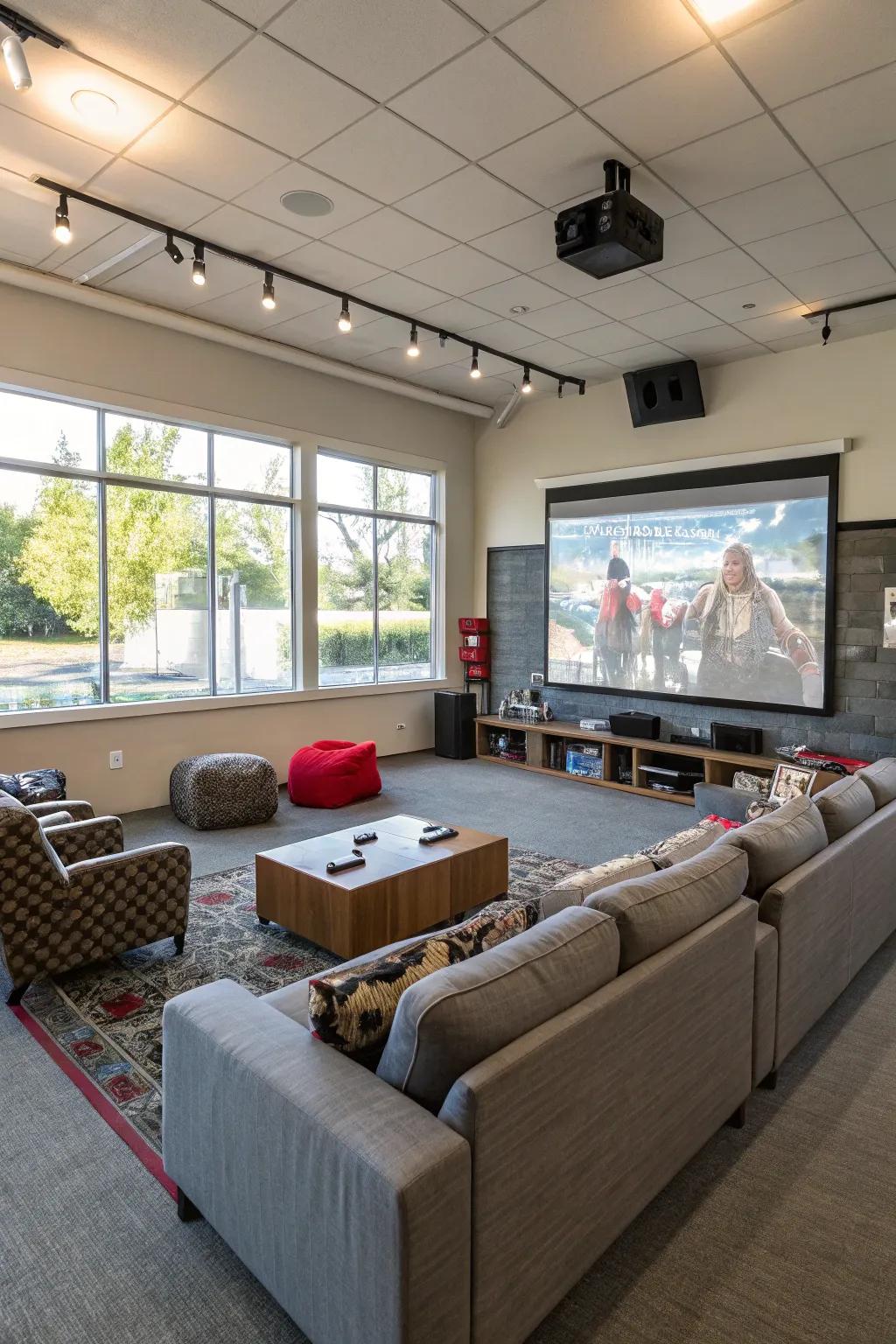 Versatile entertainment areas that conform to your preferences, transitioning from movies to gaming.