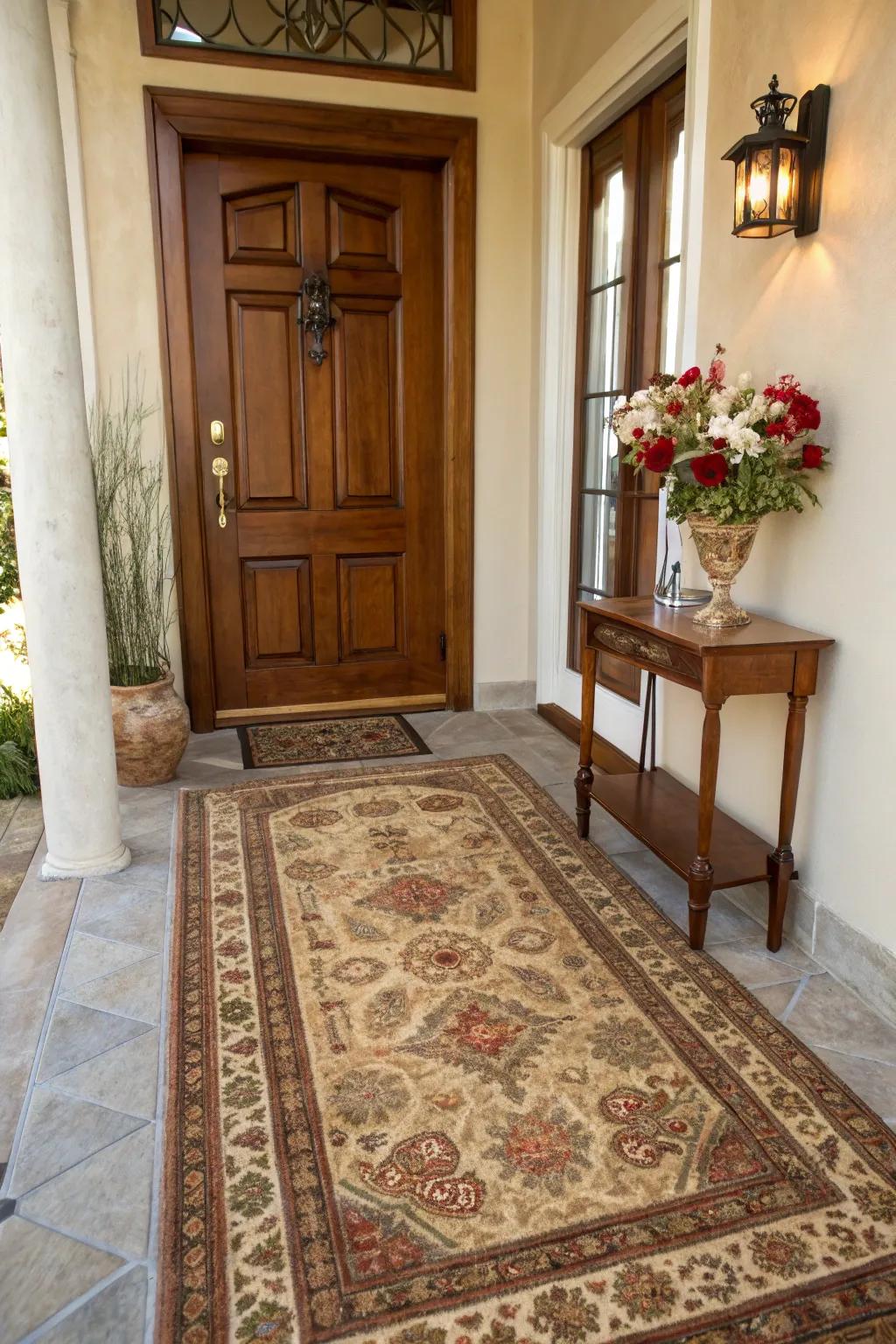 A rug enhances warmth and elegantly defines the entryway space.