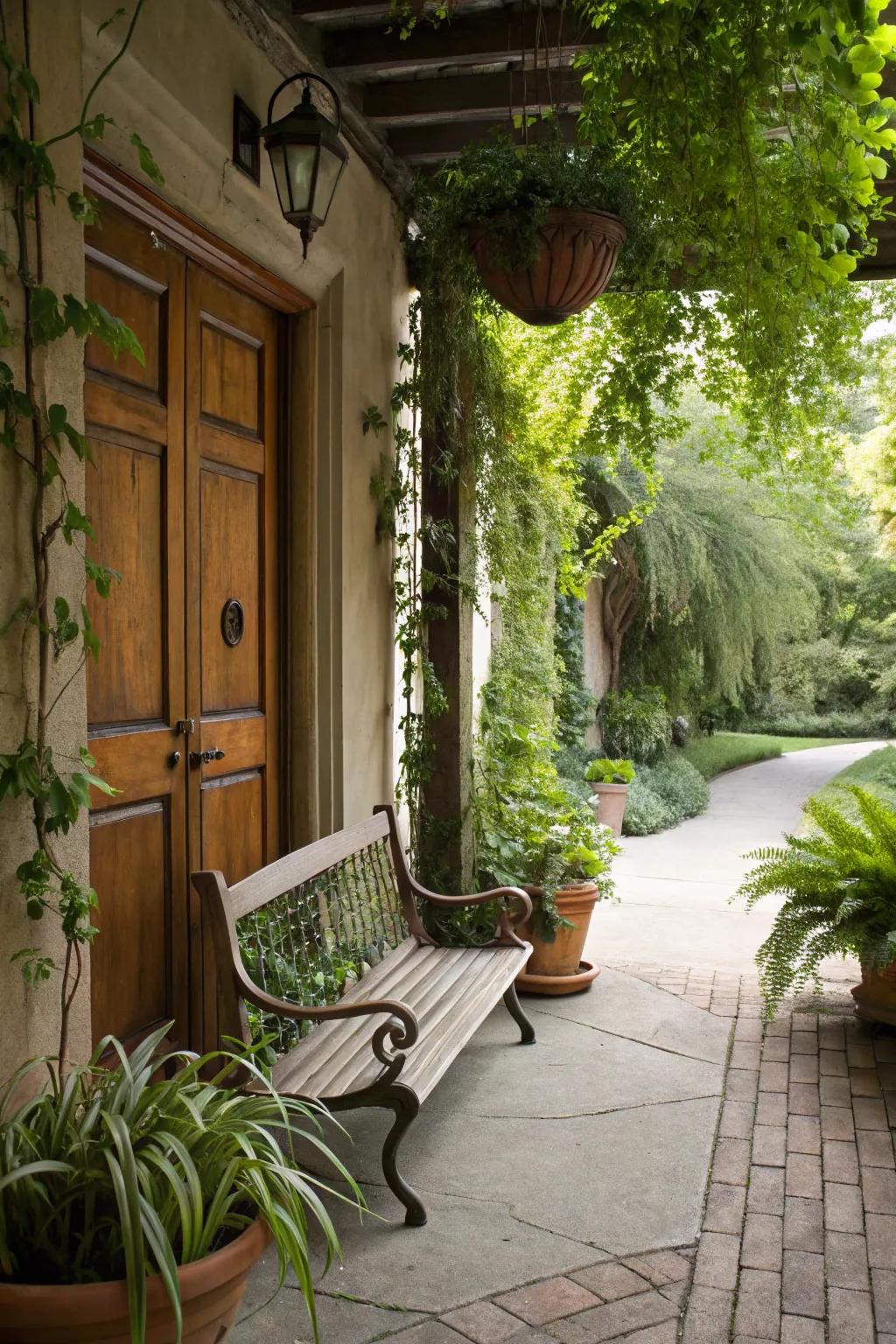 Potted plants and hanging vines enrich the ambiance of this entryway seat arrangement.