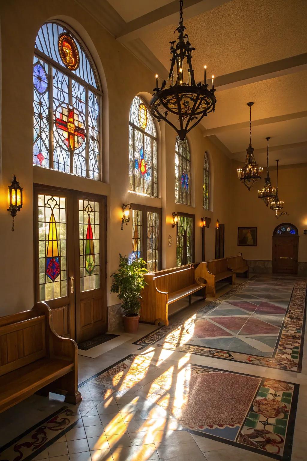 Thoughtful lighting enhances a peaceful church foyer atmosphere.