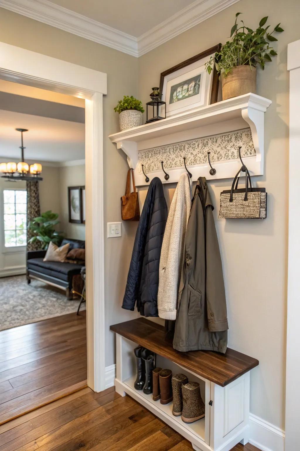 A hook arrangement retains necessities arranged and readily accessible.