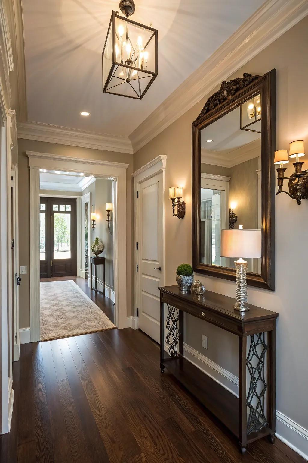 Wall sconces artfully accent a mirror, bringing extra charm to the entryway.
