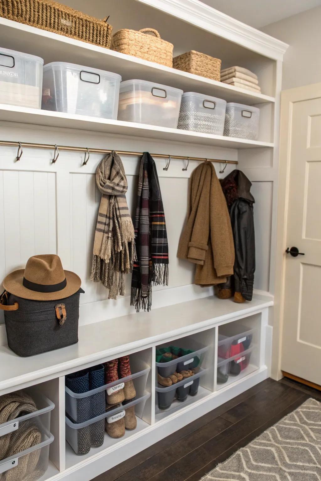 Clear bins keep items visible and organized in this mudroom.