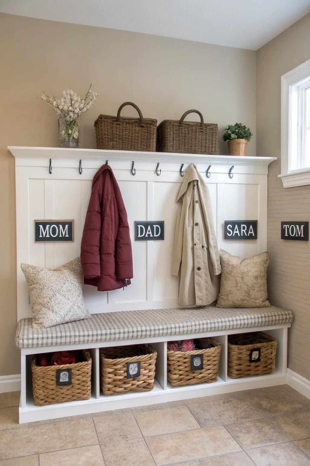 Containers neatly store personal items and lessen clutter.