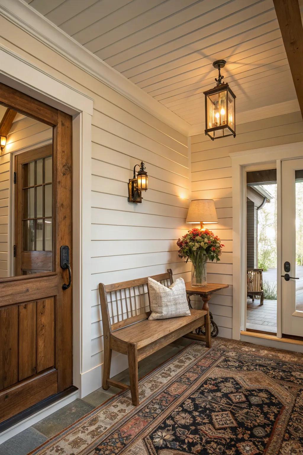 Create a comfortable atmosphere using rustic shiplap paneling.
