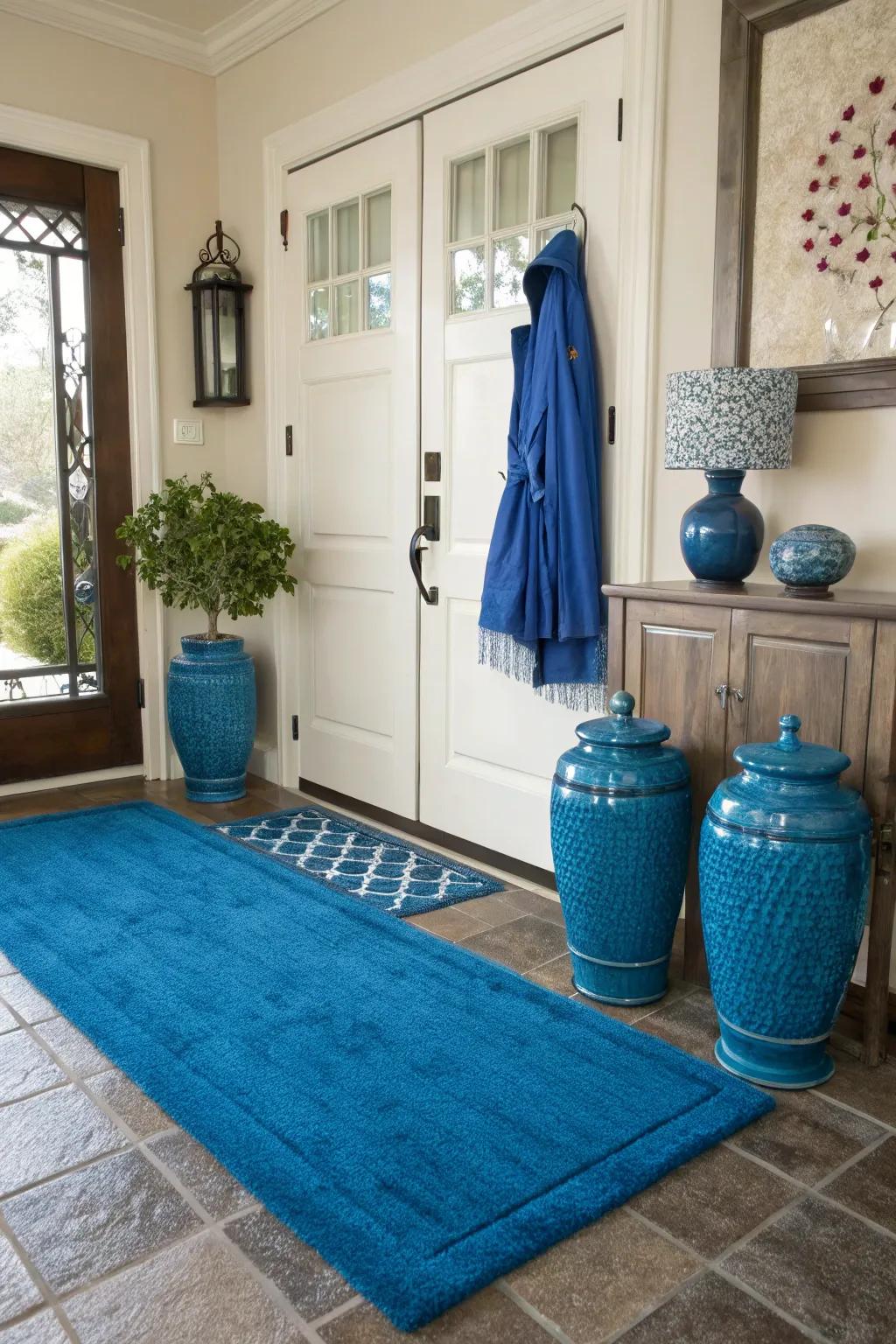 A vibrant highlight rug can serve as the focal point in a neutral entryway.