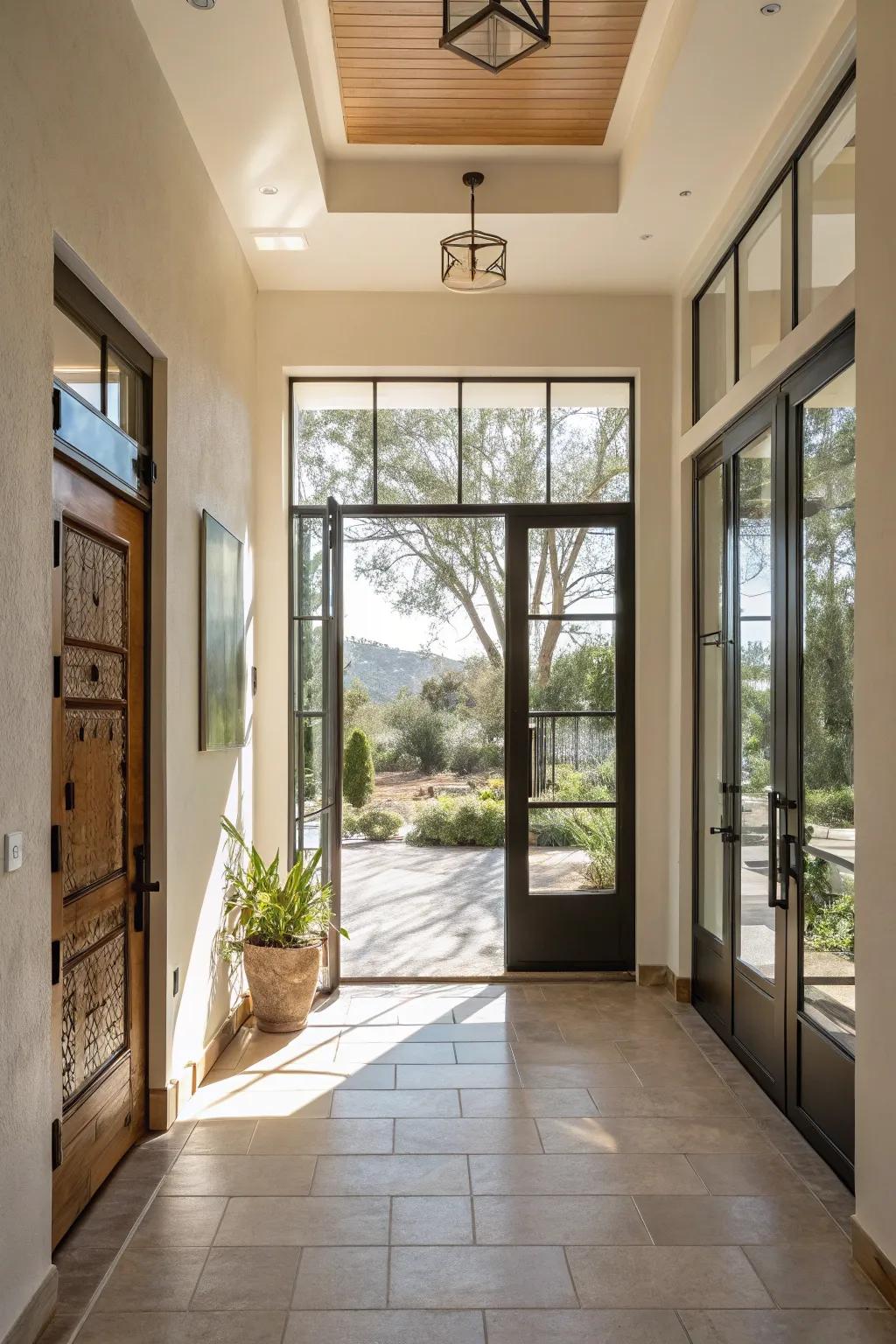 An entryway featuring glass doors that allow sunlight to establish a contemporary and breezy atmosphere.