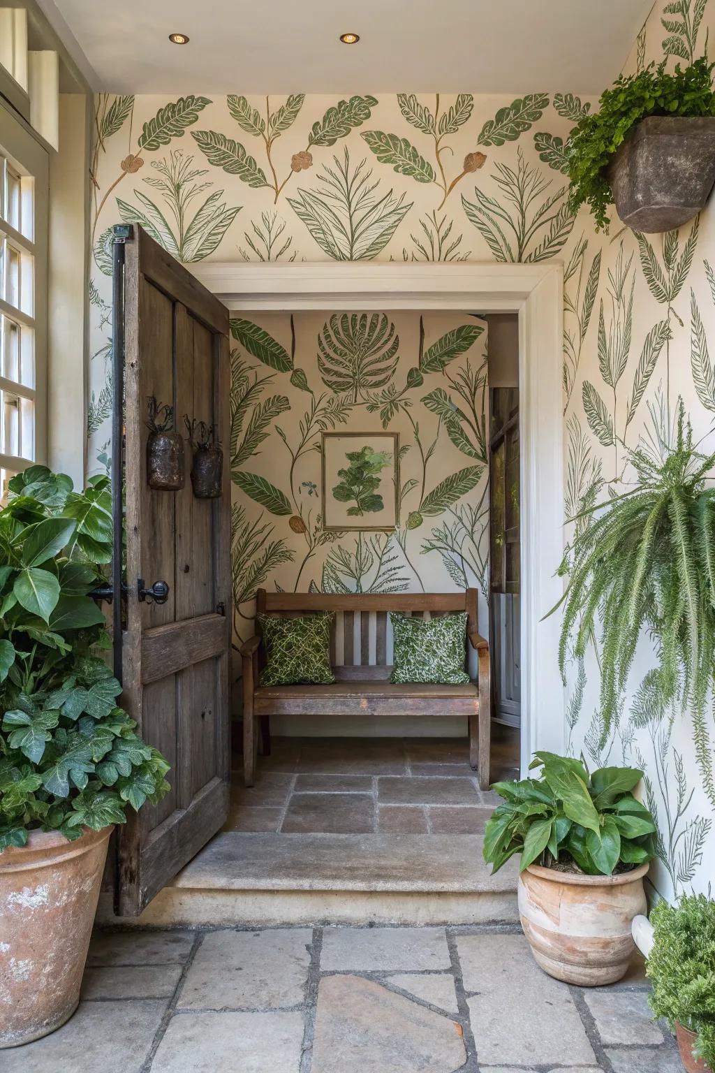 Serene entryway with nature-inspired wallpaper creating a peaceful vibe.