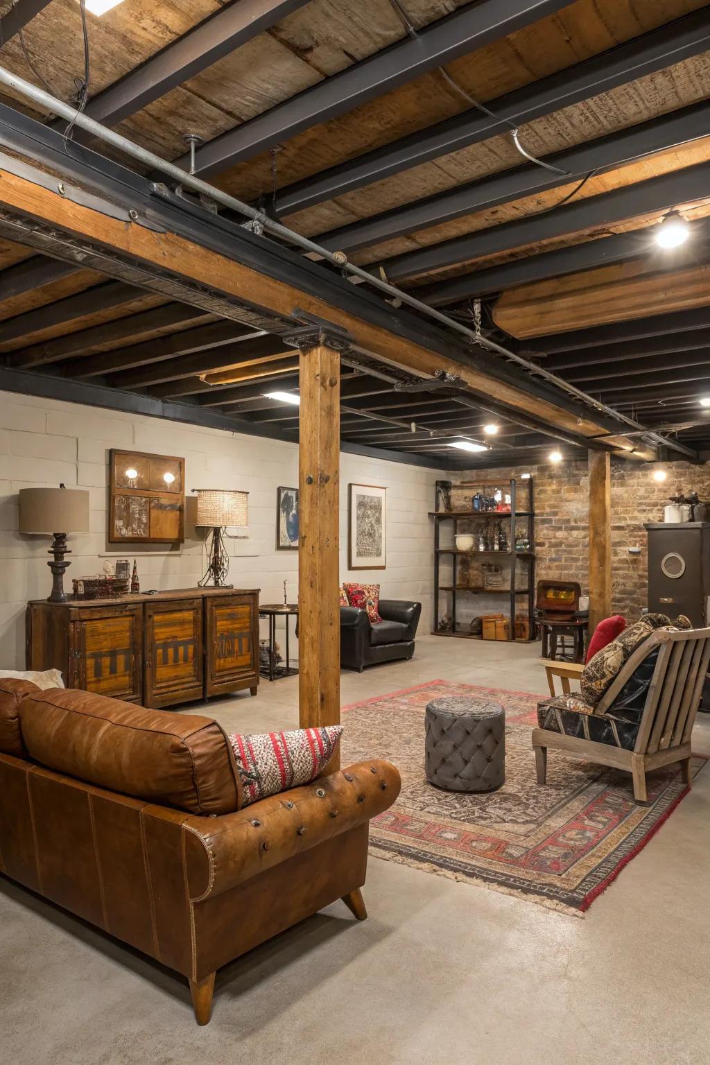 An eclectic ceiling with a mix of wood and metal.