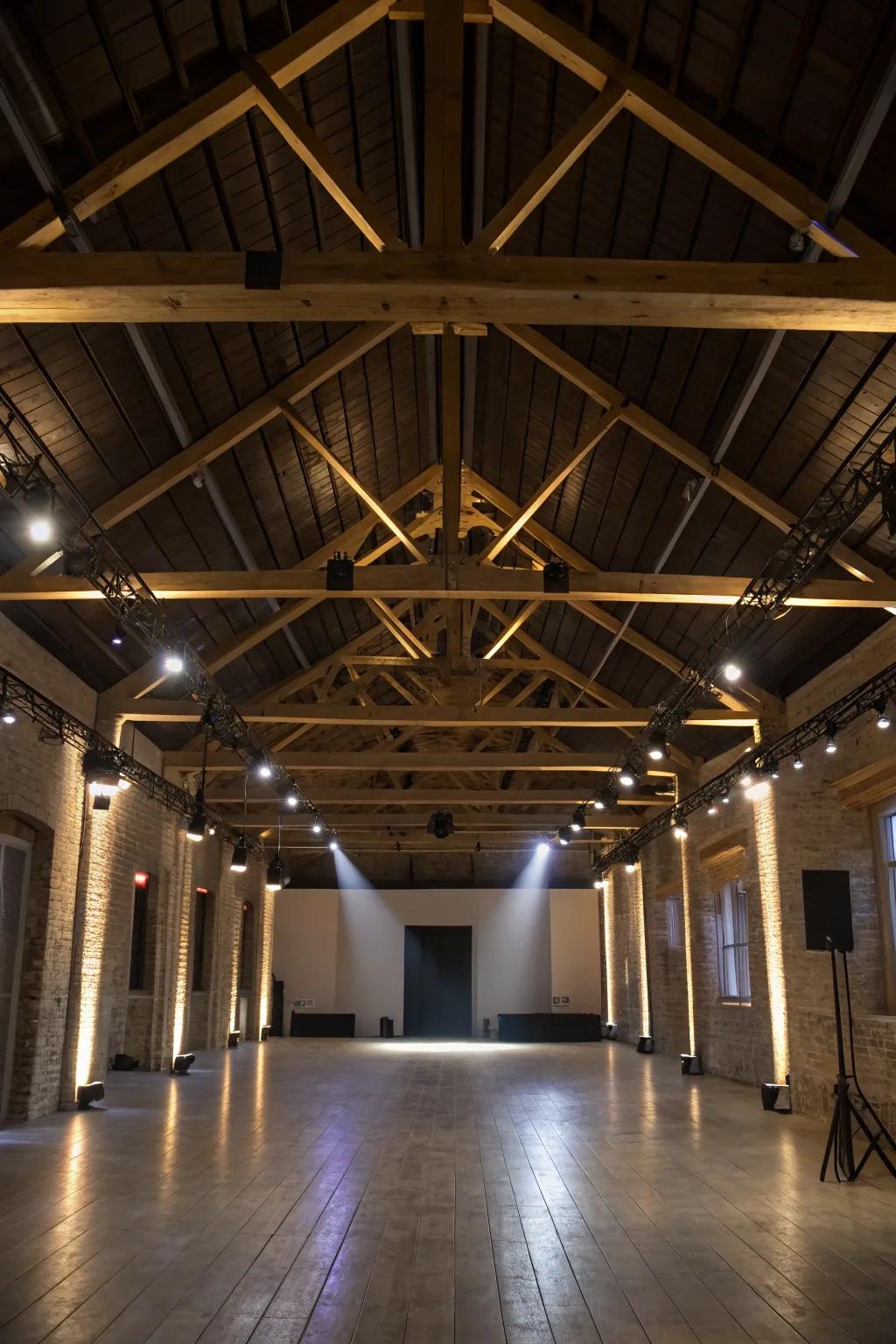 Dramatic uplighting enhances the room's spaciousness.