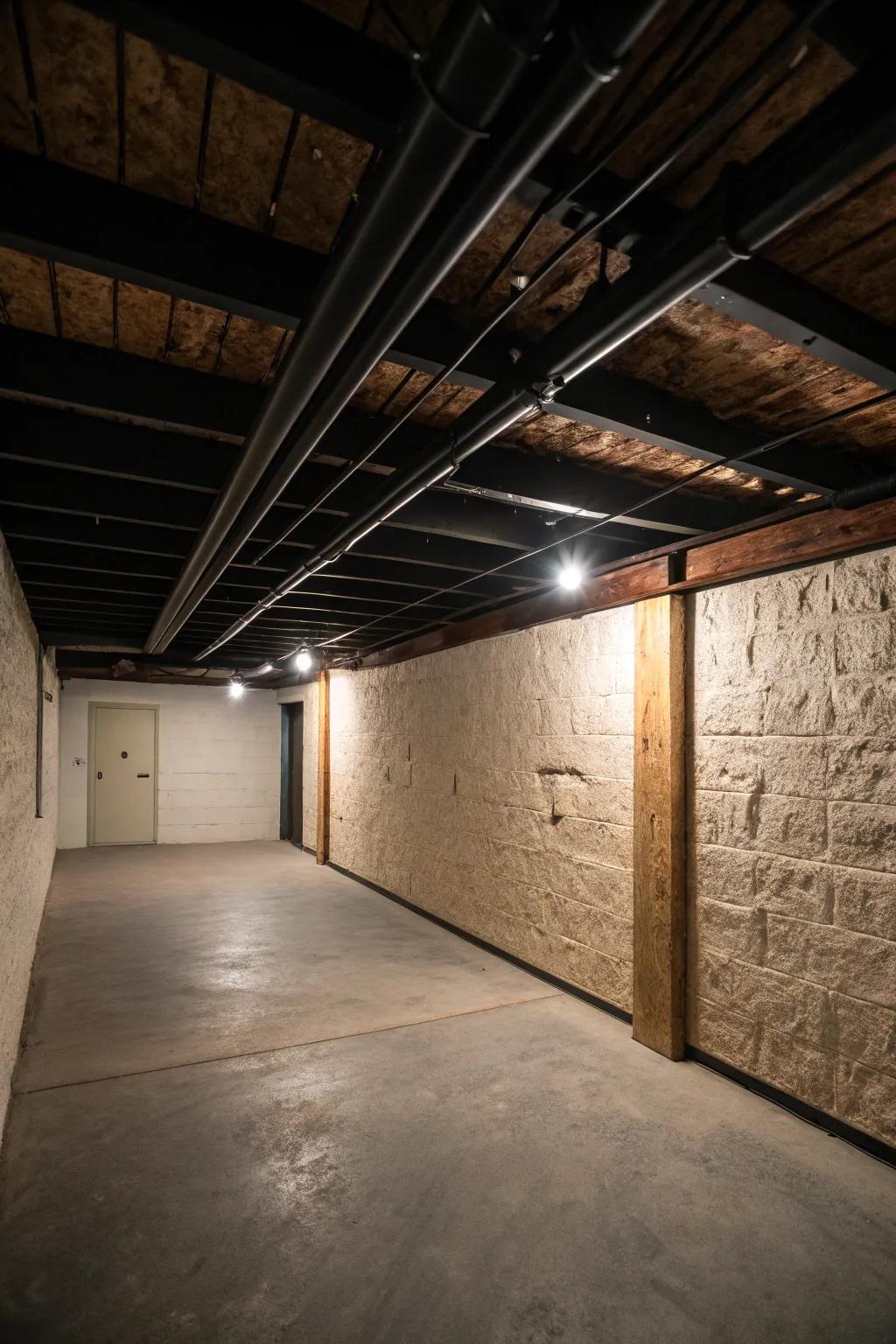 Craft visual intrigue with contrasting shade and texture in your basement's design.