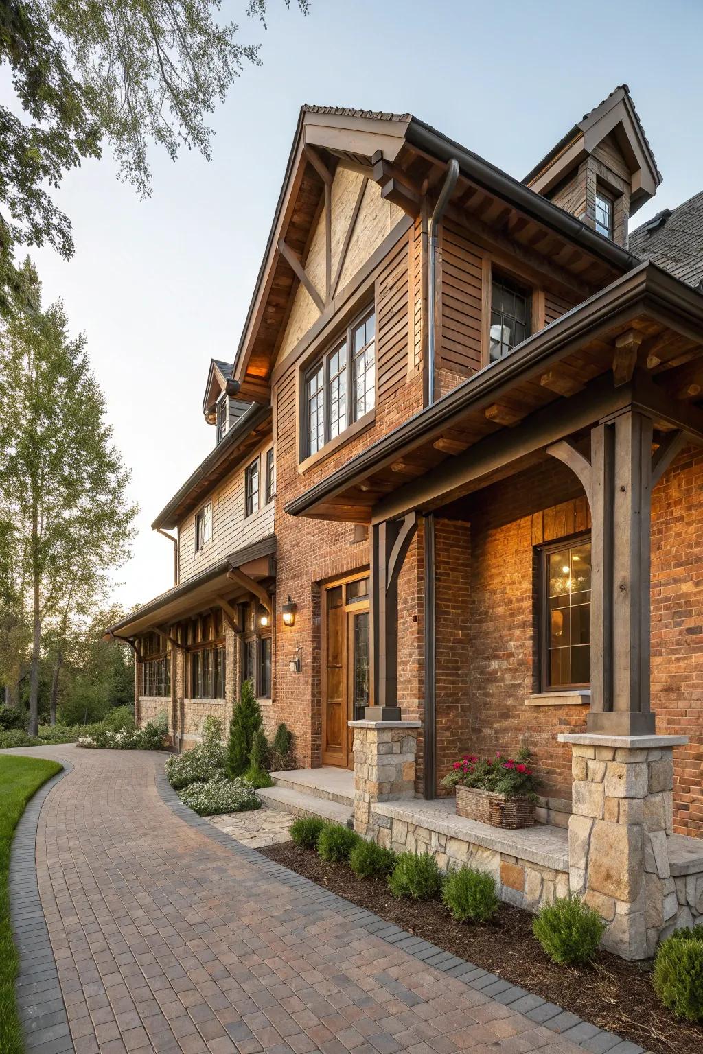 Material blending like wood and stone with brick fashions a lively vibe.