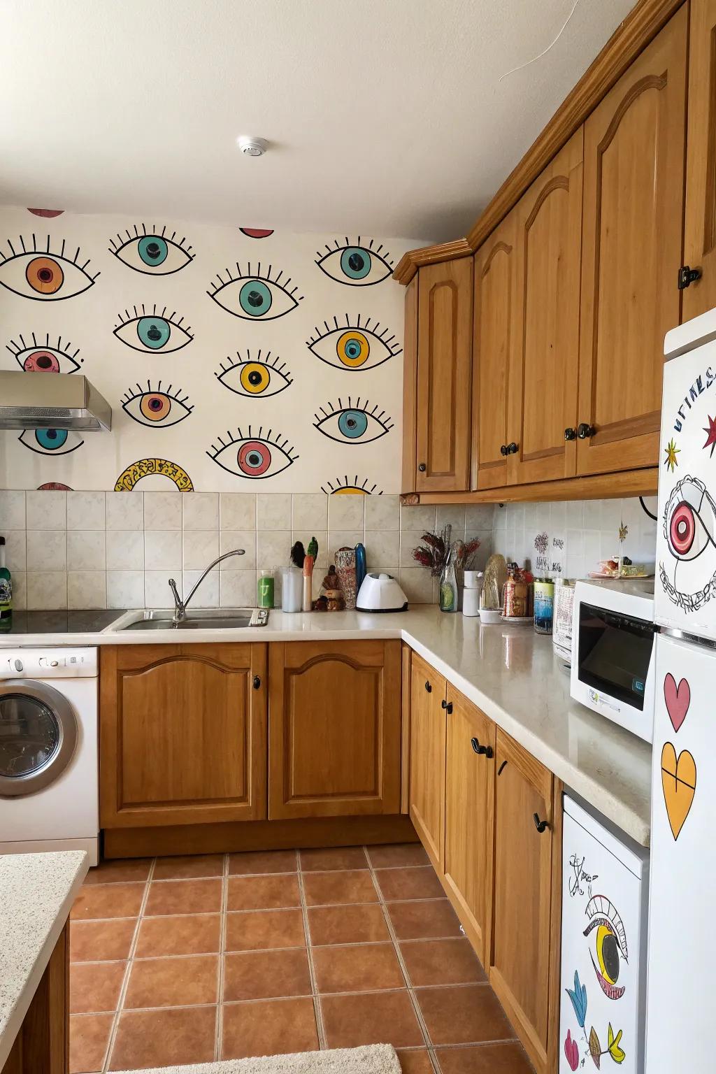 Charming animated eye decals that introduce character and whimsy to the kitchen setting.