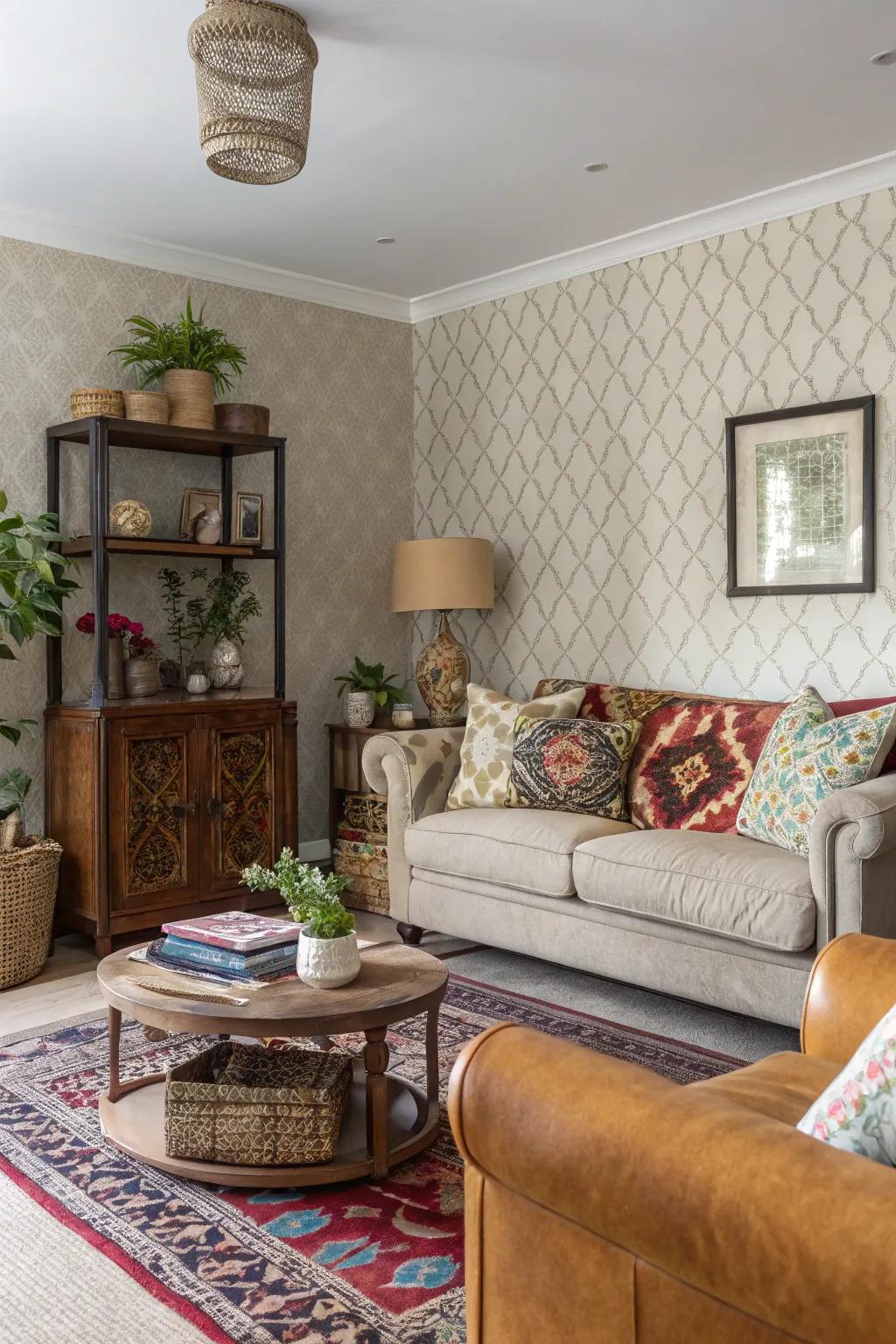 Three-dimensional fabric wallpapers bring depth and warmth to your main living space.