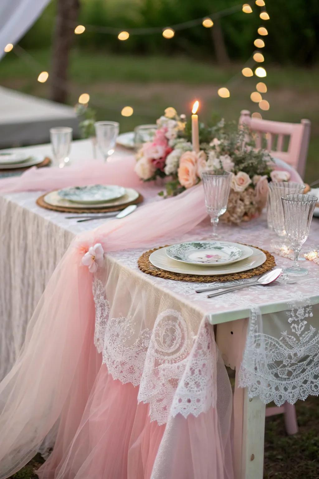 Net and ribbon bring a fragile touch to the celebration ornamentation.