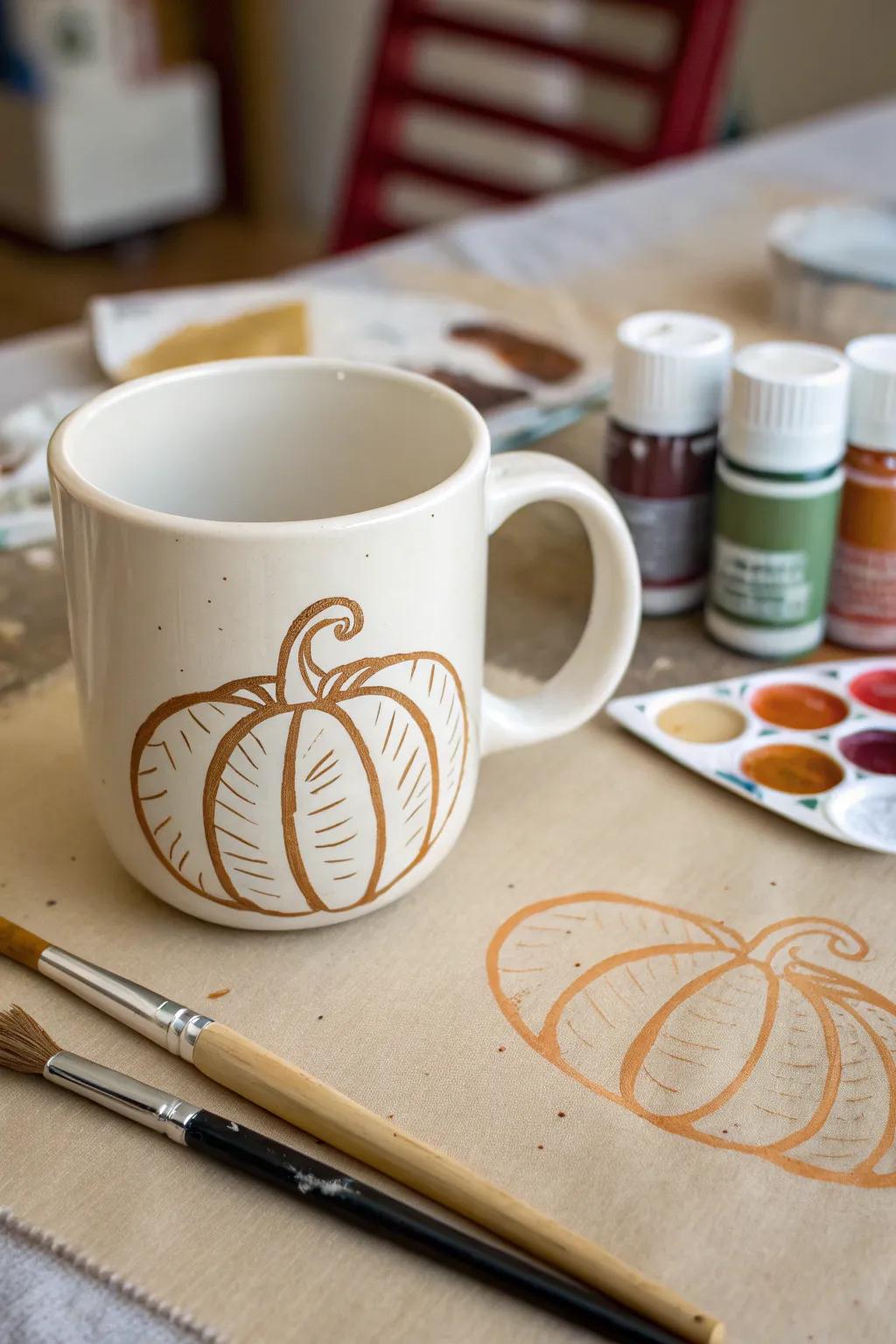 Handcrafted stenciled mug with a gourd design.