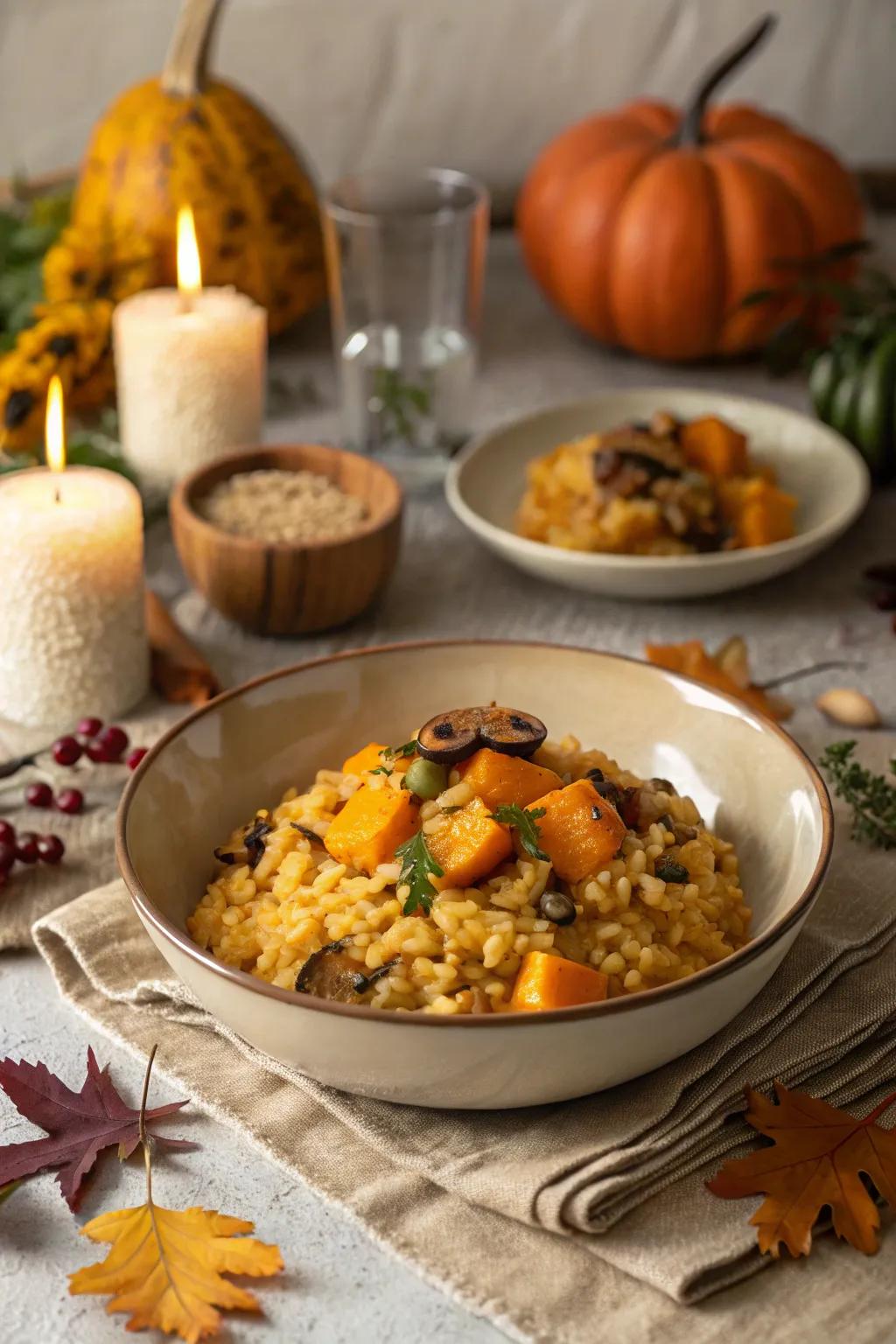 Hearty dishes like baked squash and mushroom risotto warm the soul.