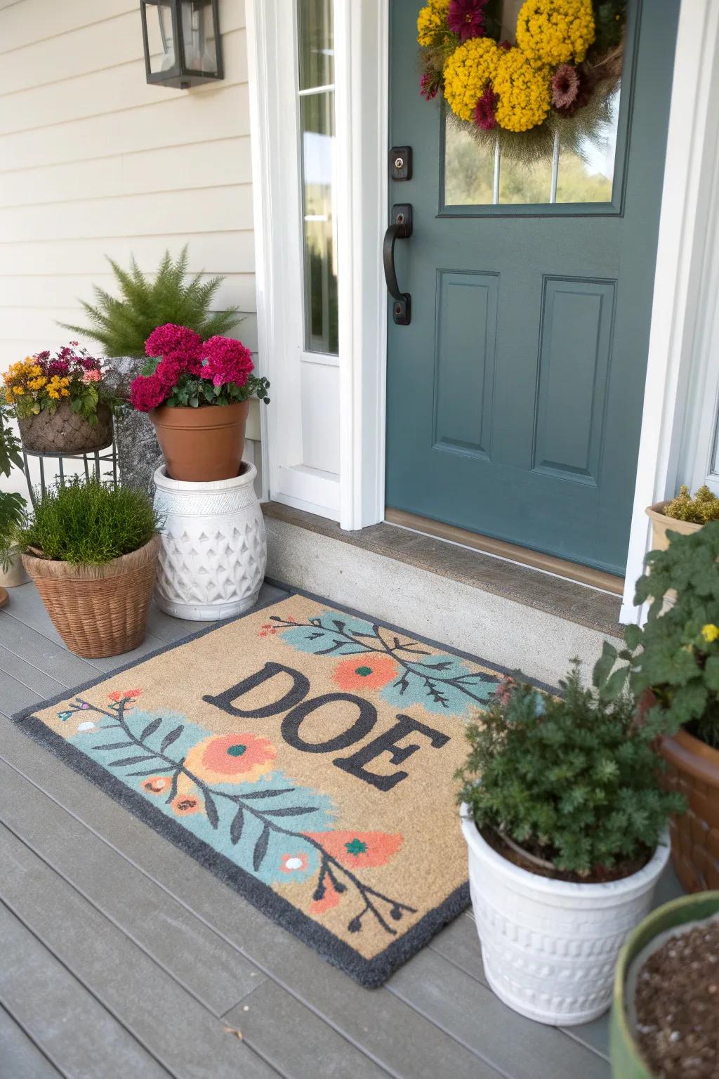 A personalized front mat for a unique entryway.