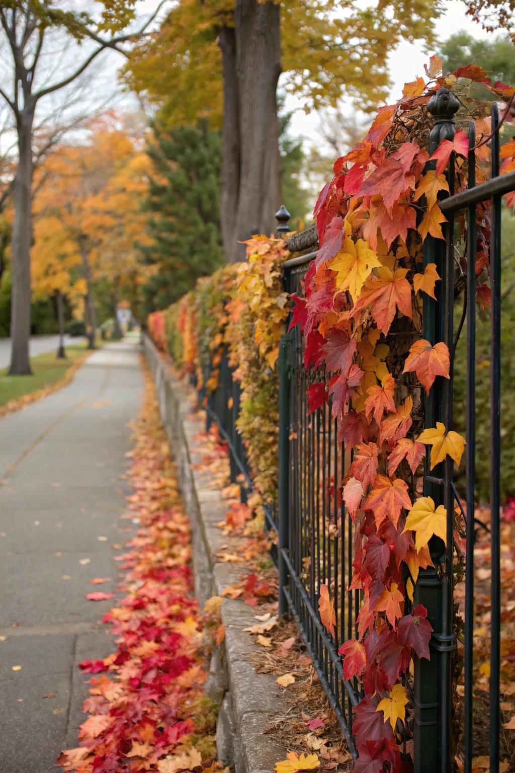 Twines of autumnal foliage elegantly embellish a fence.