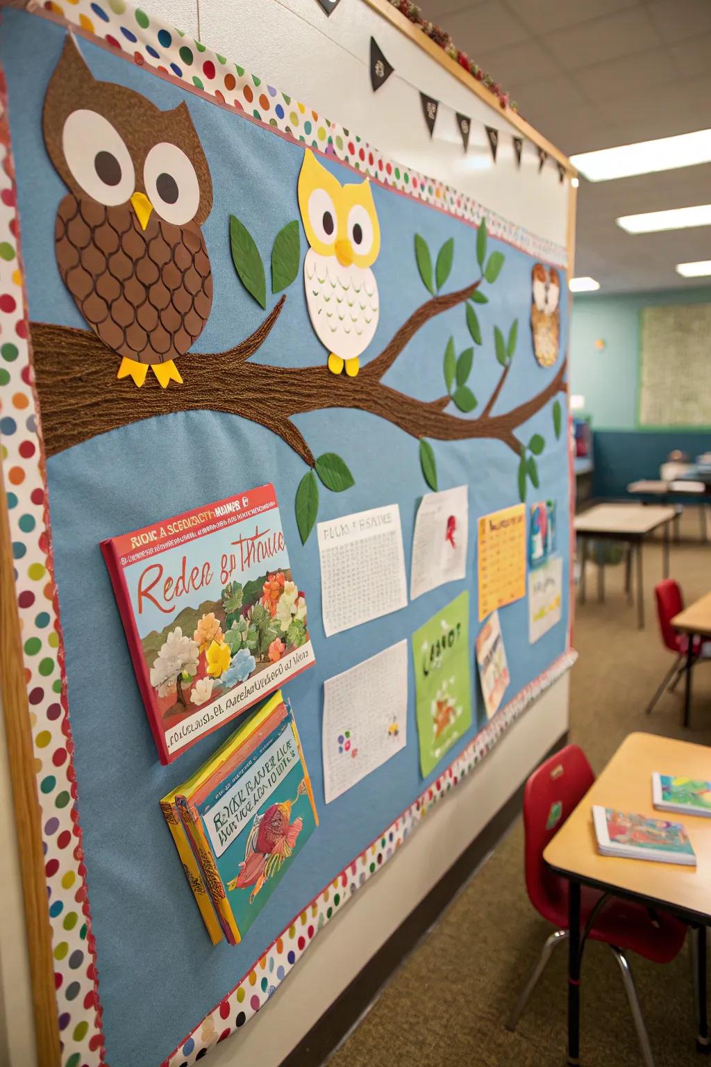 A fanciful feathered-themed bulletin board celebrating the joys of reading.