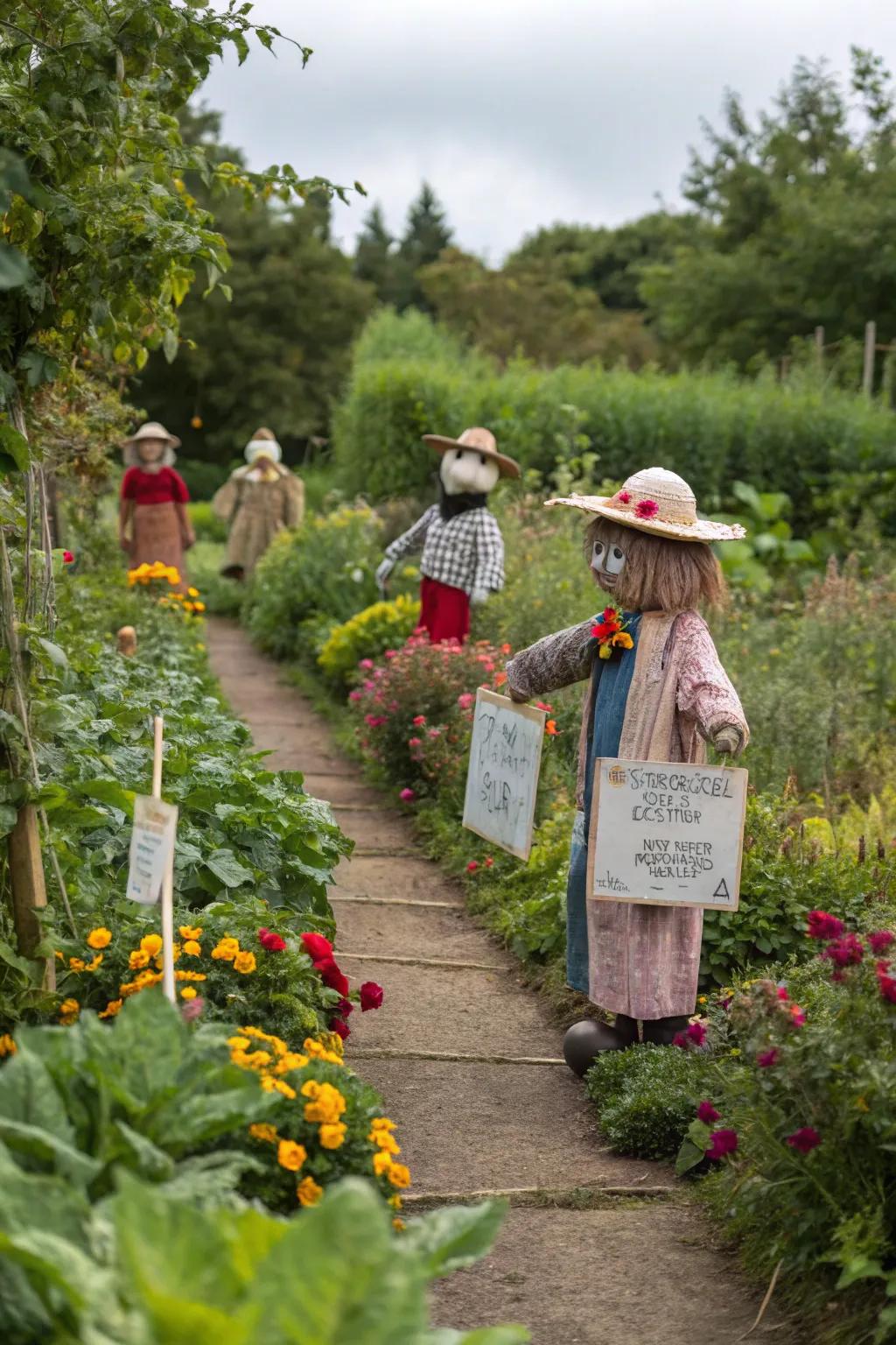Creative scarecrows crafted during a fall gathering.