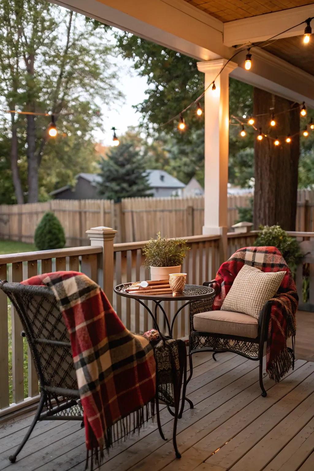 Checkered textiles impart a cozy touch to your autumnal veranda seating arrangement.