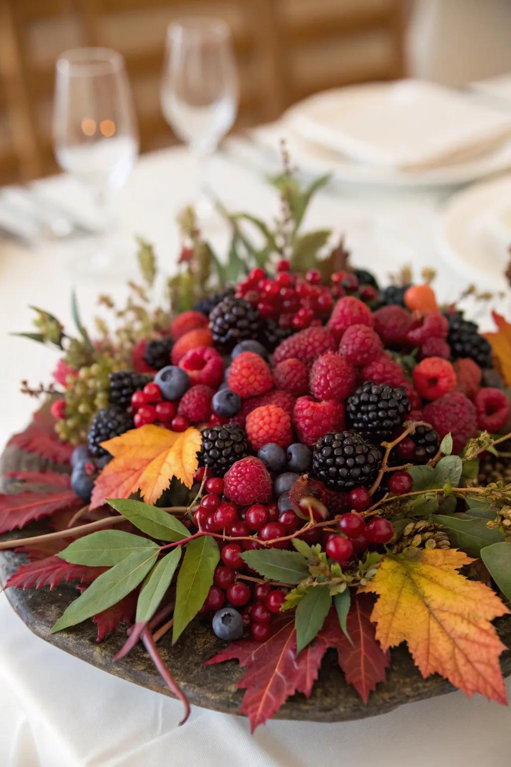 Vibrant berries introduce color and texture to this fall wedding centerpiece.