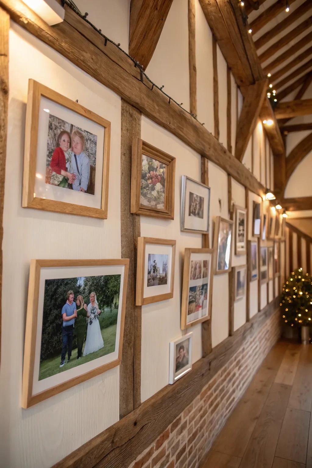 An aesthetically pleasing family wall, accentuated through employing timber frameworks to instill an inviting and captivating essence.