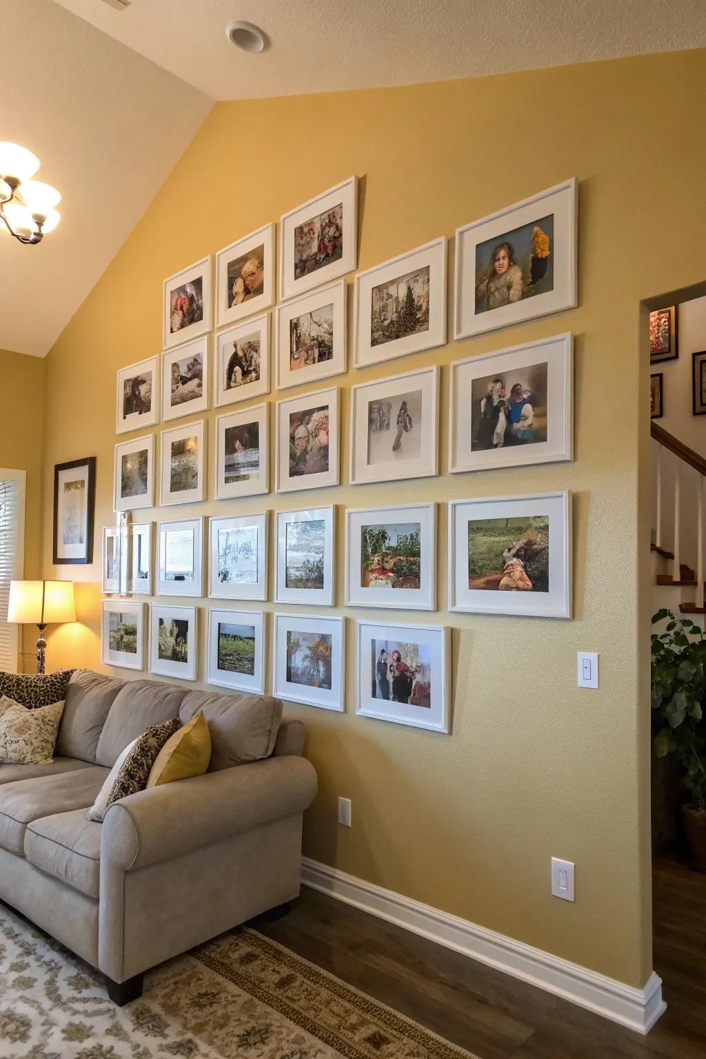 Symmetry brings order to a family photo wall.