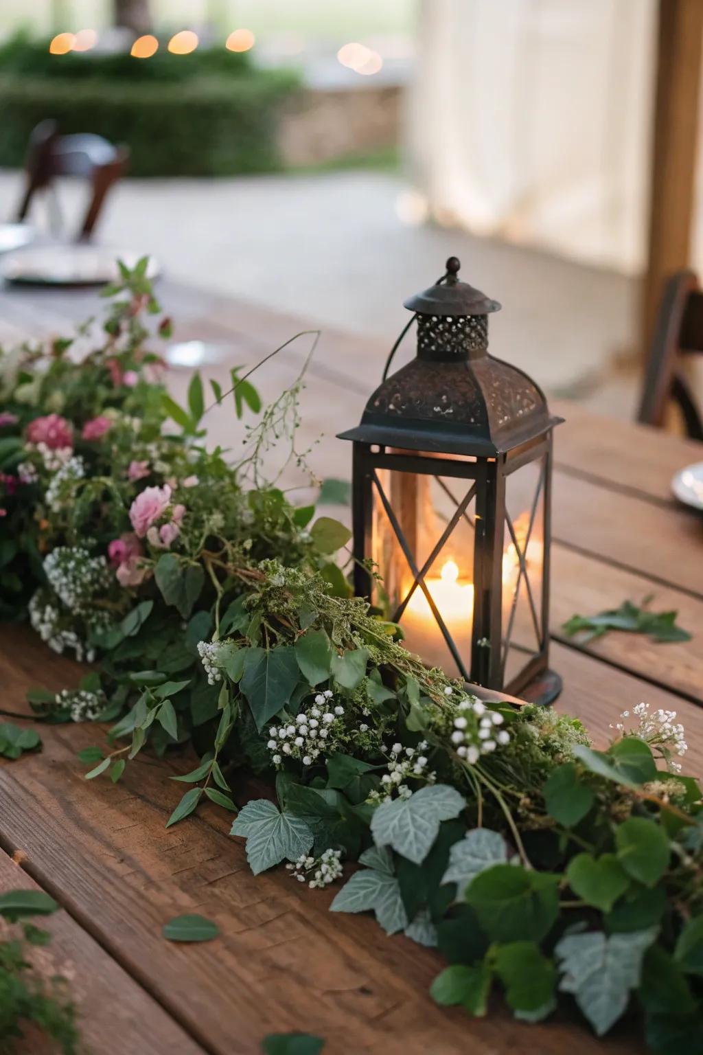 A vintage light encircled by verdure casts a snug luminescence.