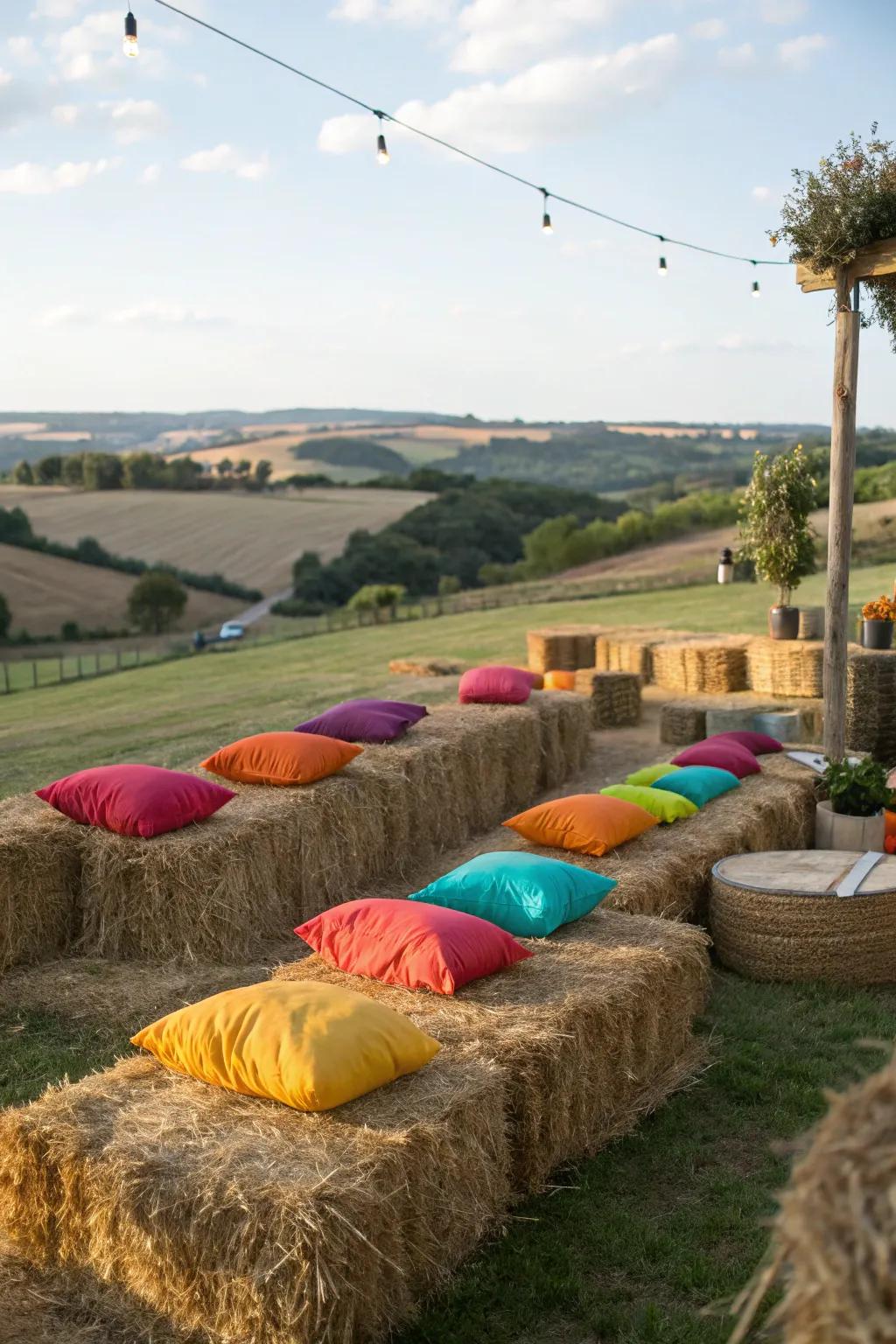 Hay bales arranged for seating provide a rustic and playful seating solution.