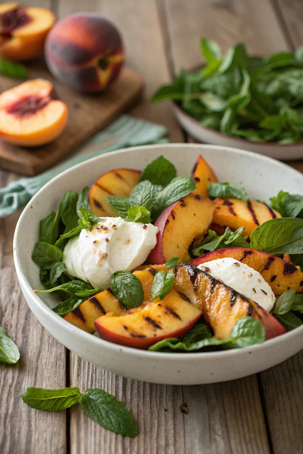 Grilled peach and burrata salad, a harmonious marriage of sweet and creamy notes.