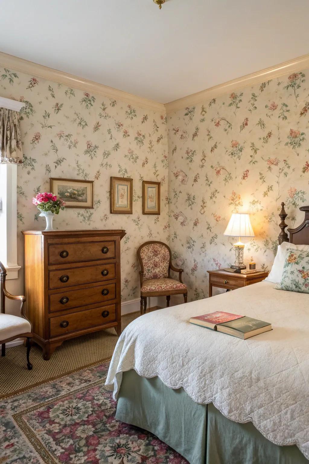 Classic wallpaper creates a nostalgic ambiance.