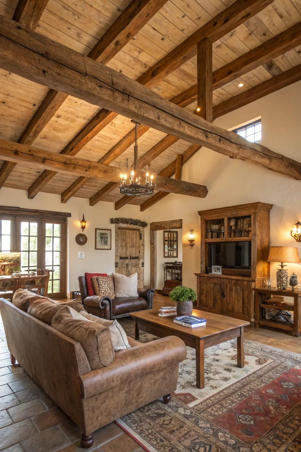 Recovered wood ceilings infuse character and heritage into this farmhouse living area.