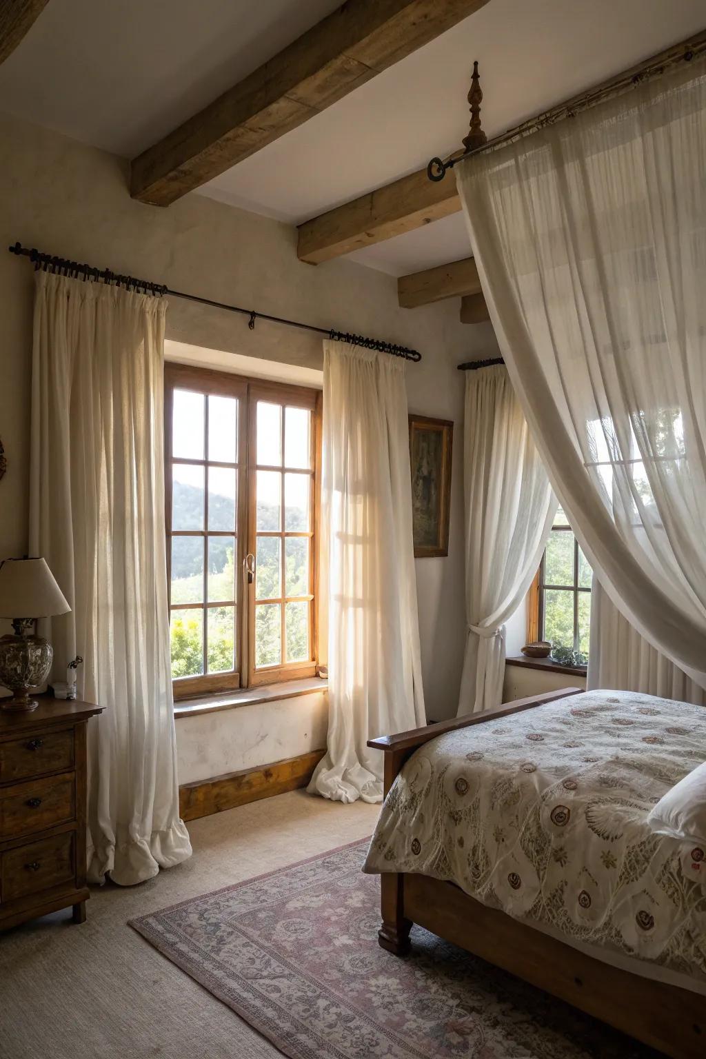Layered sheer and heavy curtains creating depth in a farmhouse bedroom.