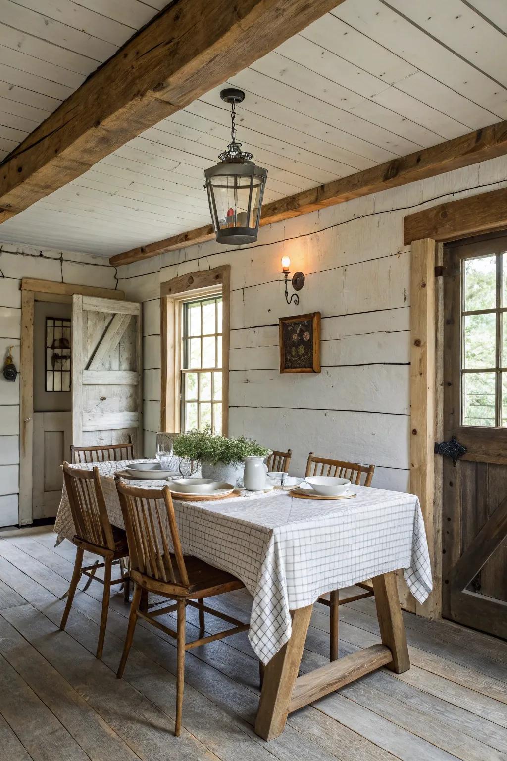 Panel walls bring a timeless farmhouse feel to this snug dining space.