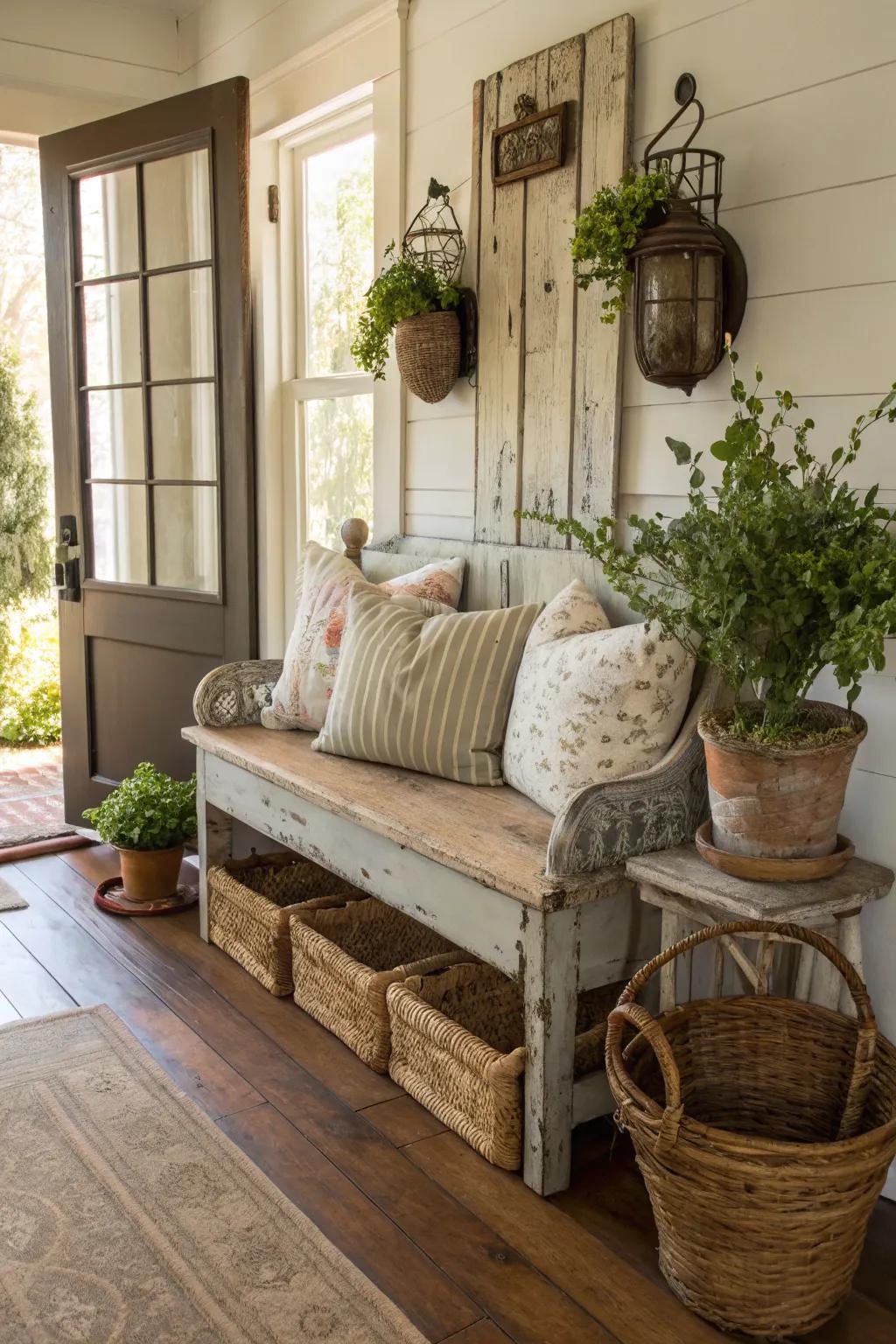 A bench with a weathered finish adds timeless charm to the entryway.